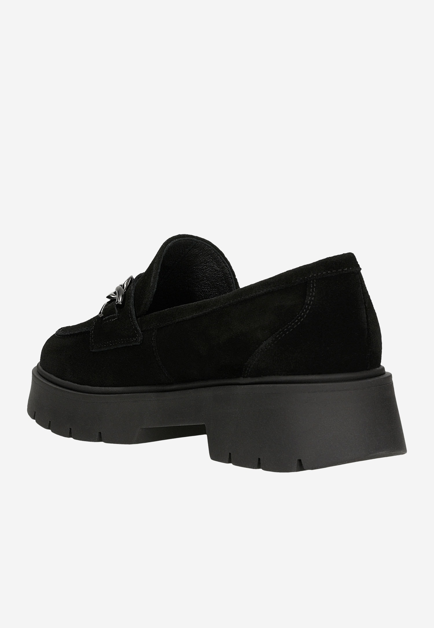 Czarne mokasyny damskie na grubej podeszwie z ozdobnym łańcuszkiem