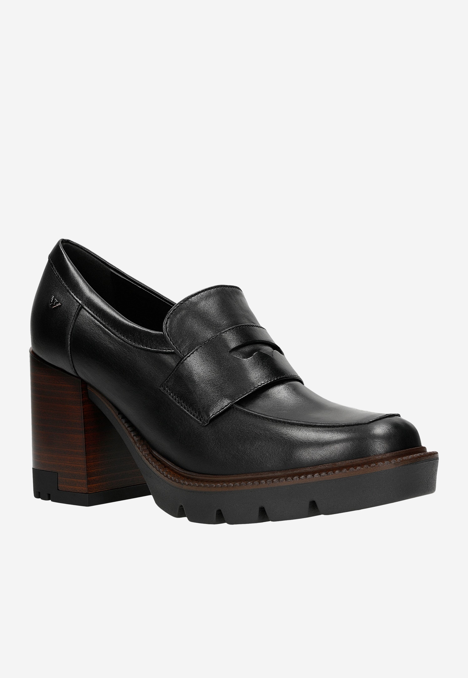 Czarne mokasyny damskie na wysokim obcasie i podeszwie z bieżnikiem