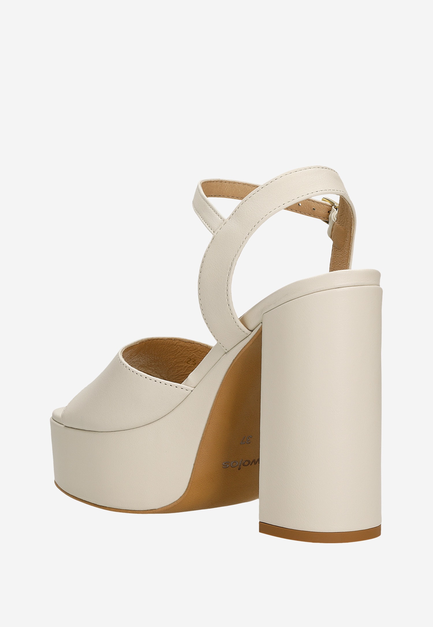 Beżowe skórzane sandały damskie na wysokim masywnym obcasie