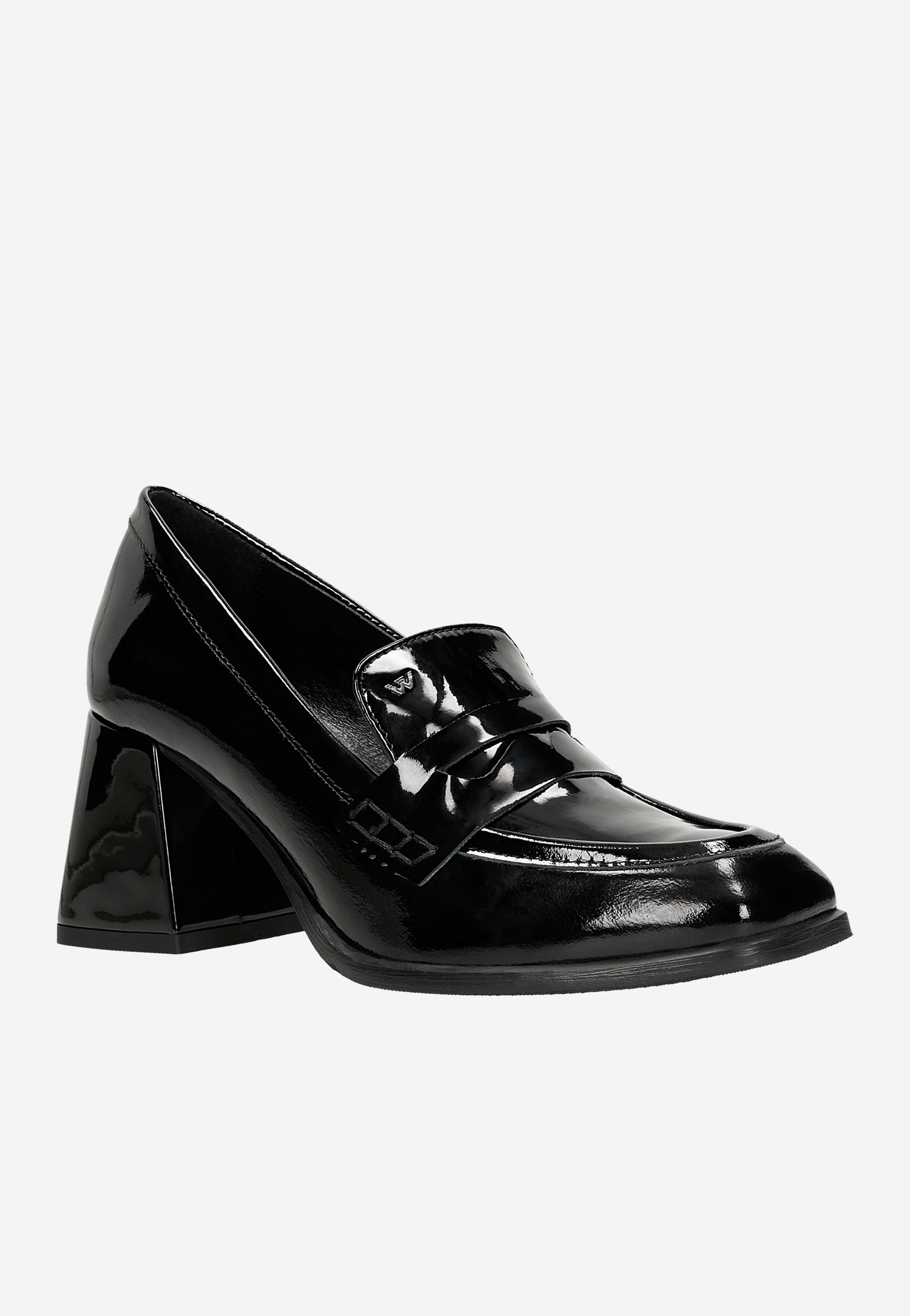 Czarne lakierowane mokasyny damskie na solidnym obcasie