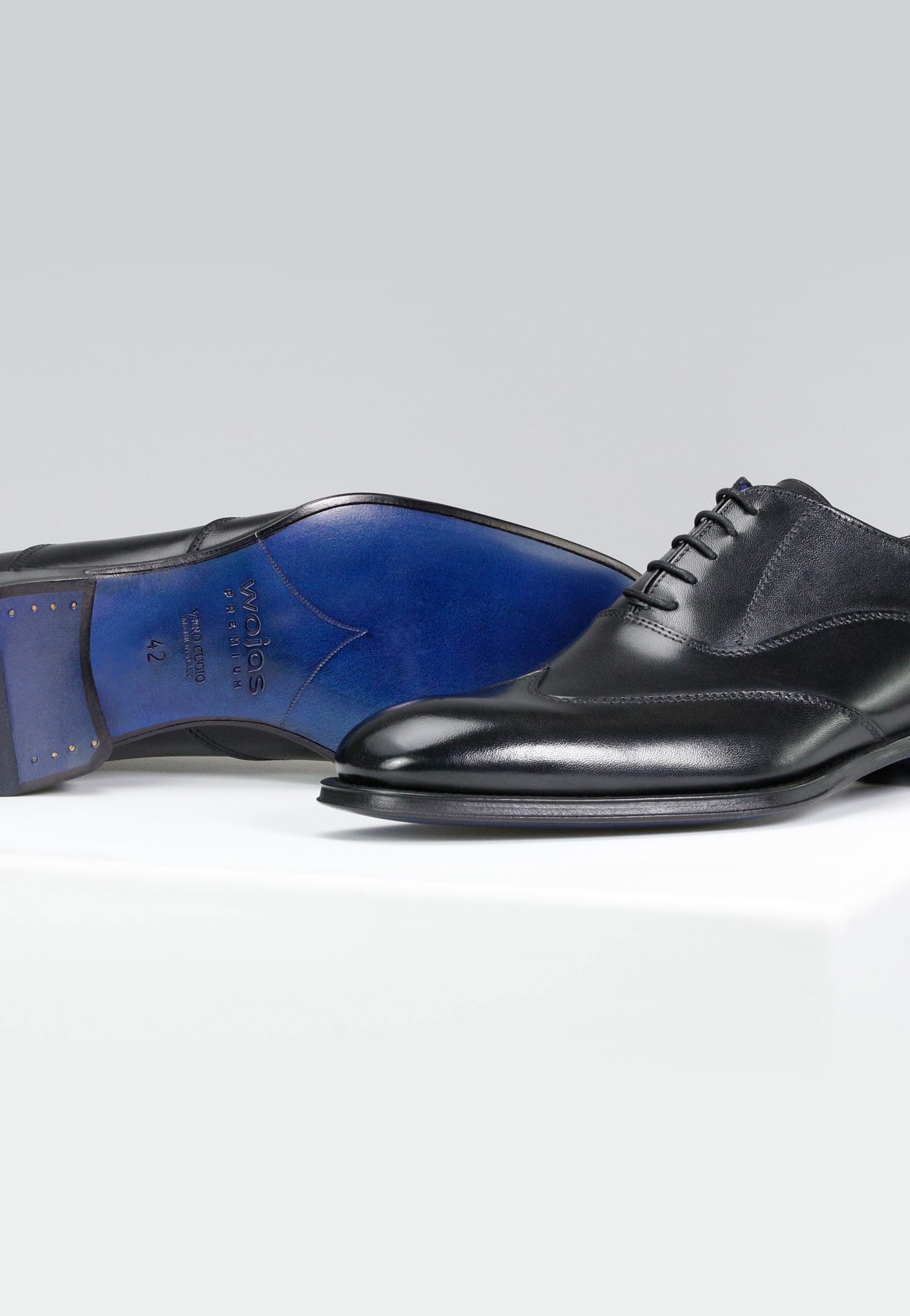 Czarne wizytowe półbuty męskie ze skórzaną podeszwą - linia PREMIUM