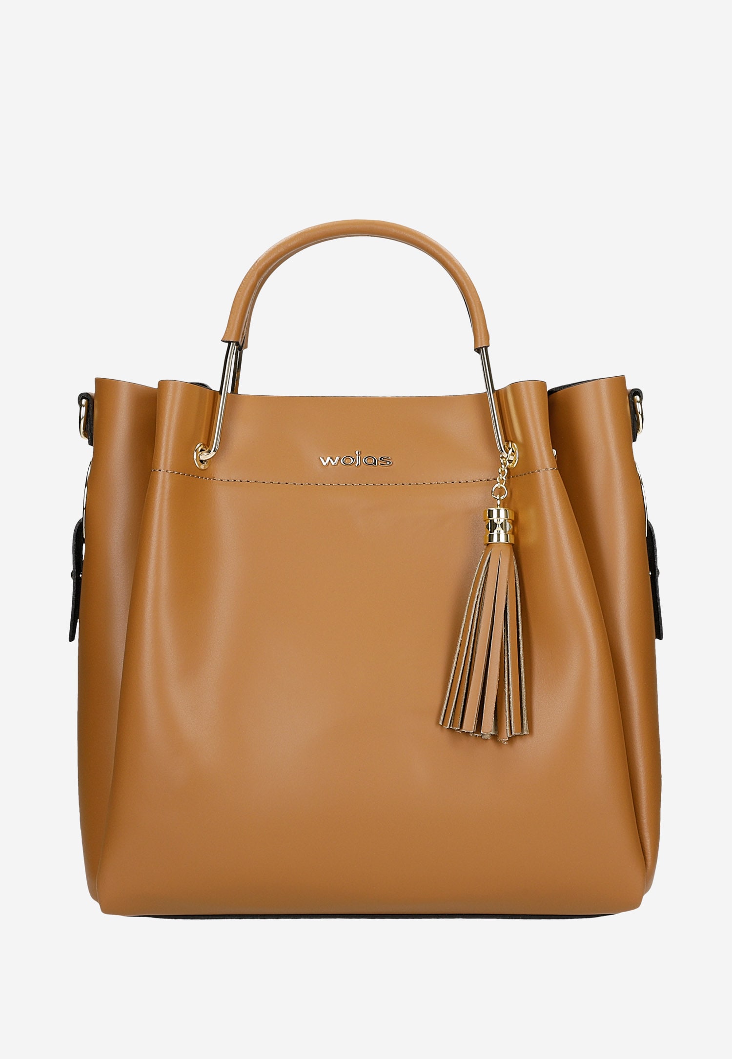 Jasnobrązowa torebka kuferek z ozdobnym frędzelkiem