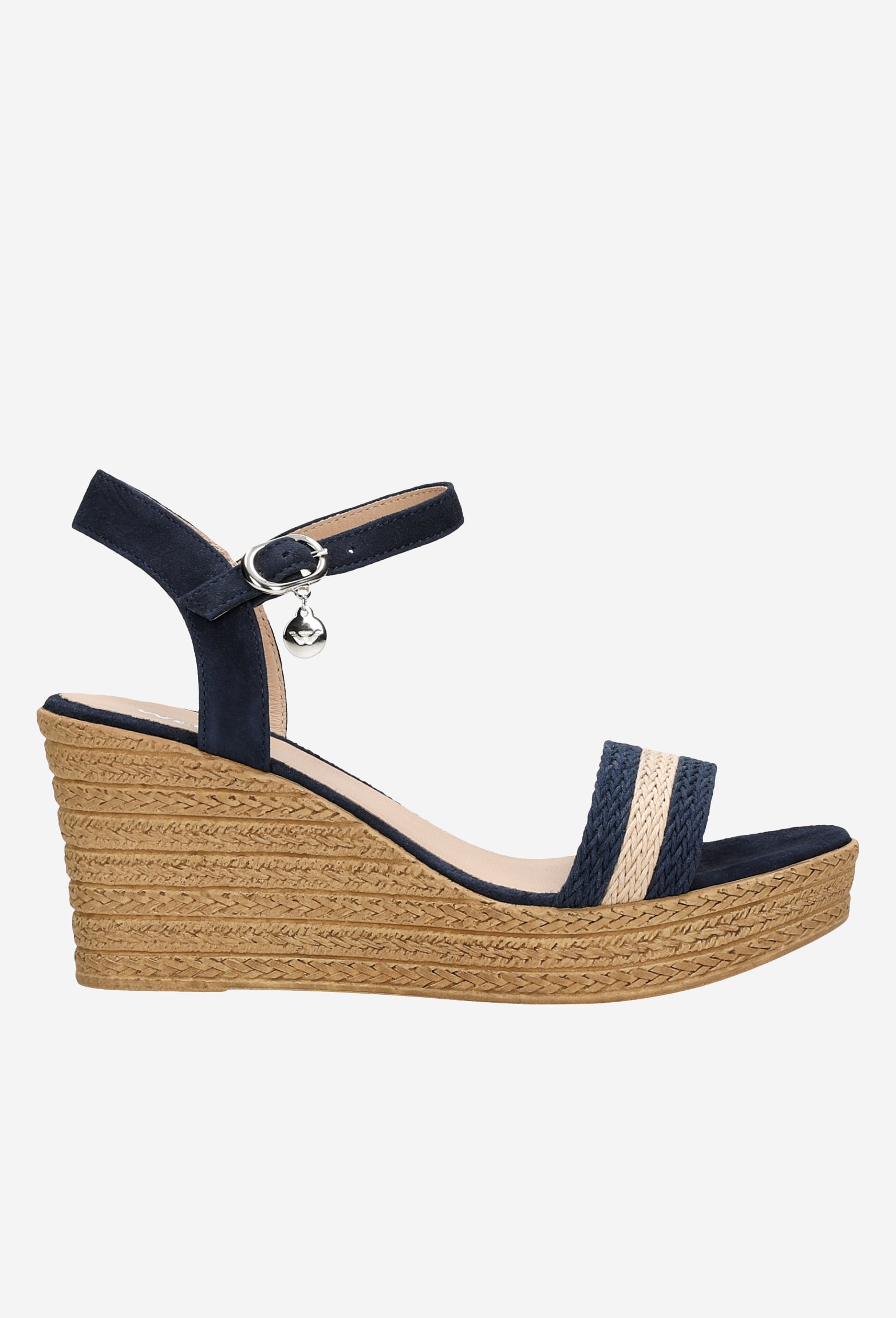 Sandały damskie na koturnie z plecionymi granatowo-beżowymi paskami