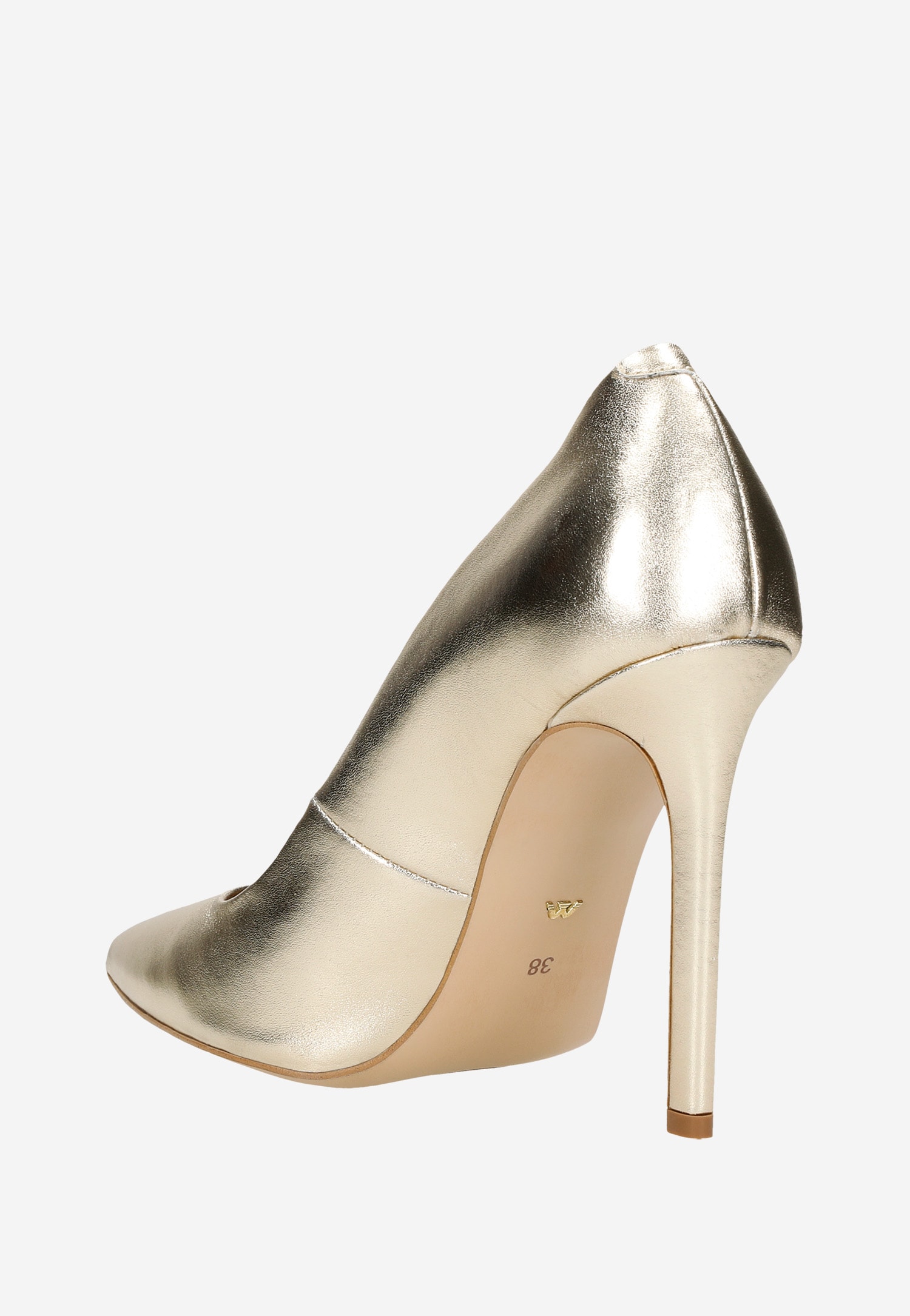 Złote skórzane szpilki na wysokim obcasie