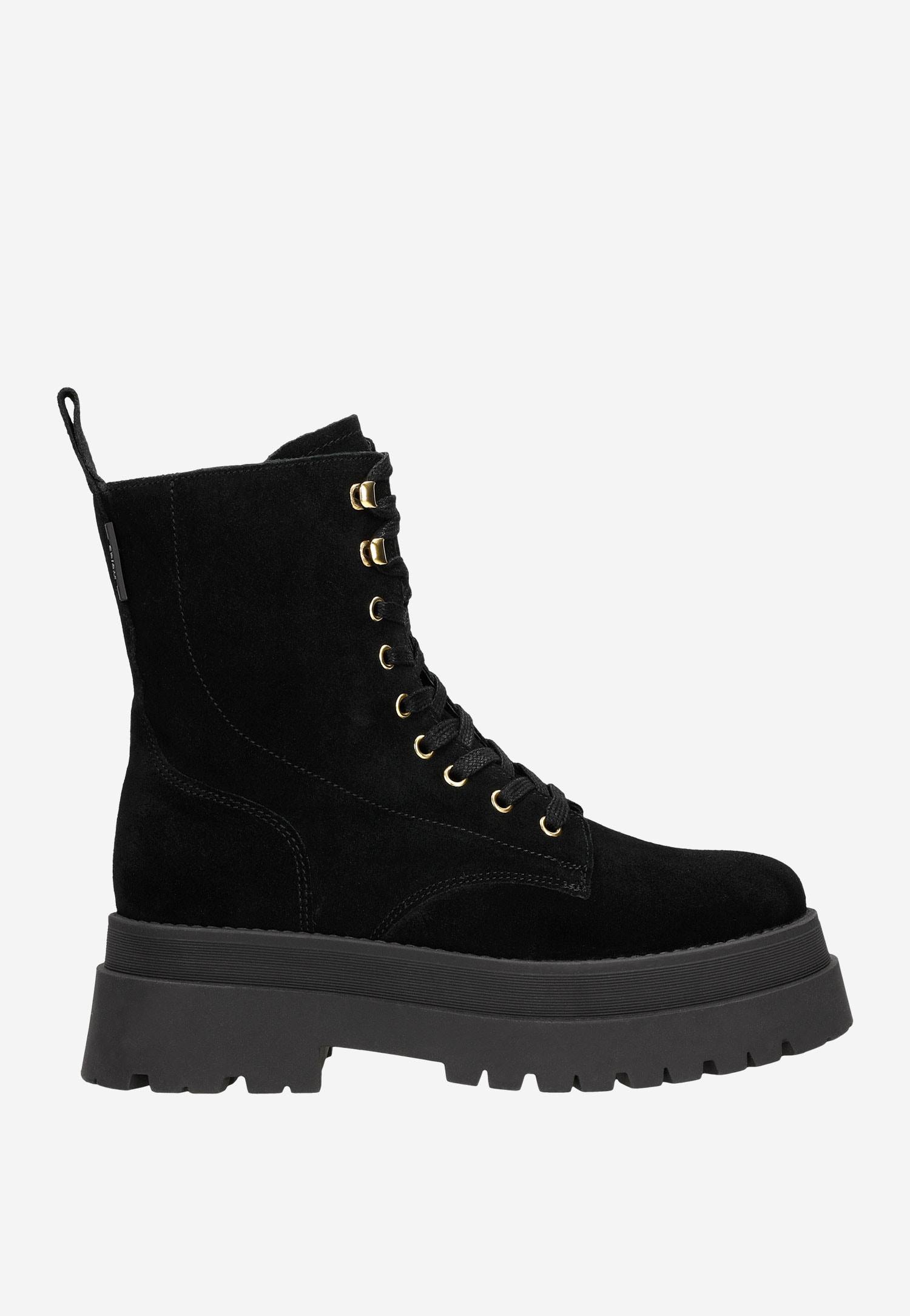 Czarne trzewiki damskie na masywnej podeszwie ze złotymi akcentami