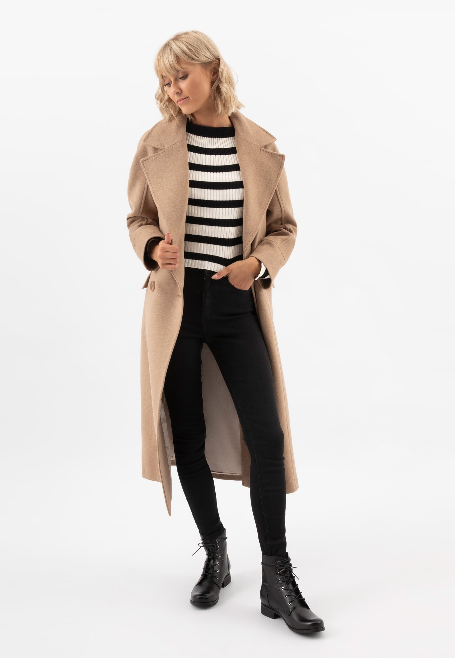 RELAKS ciepły beżowy płaszcz damski