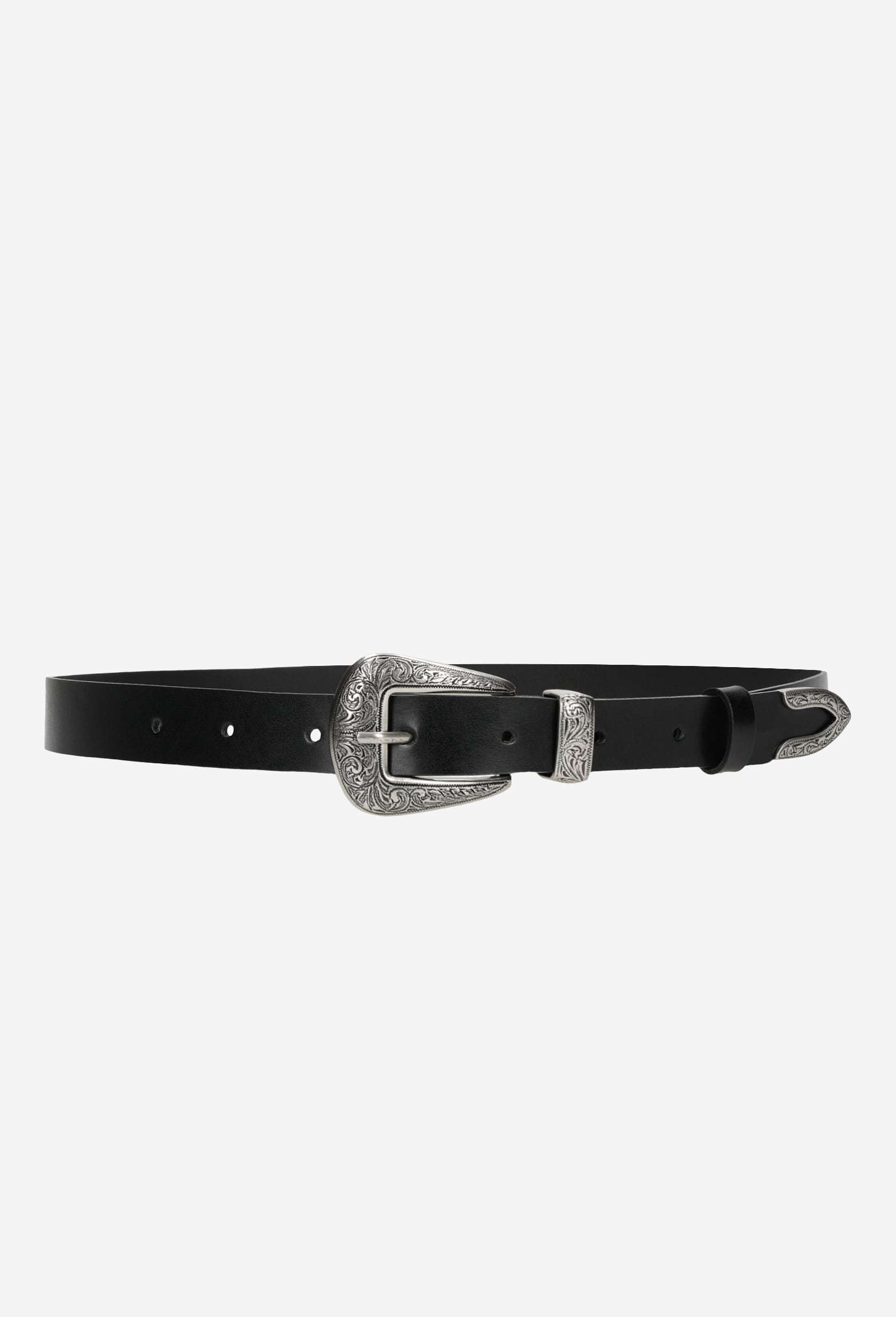 Brązowy pasek z ozdobnym tłoczeniem na klamrze