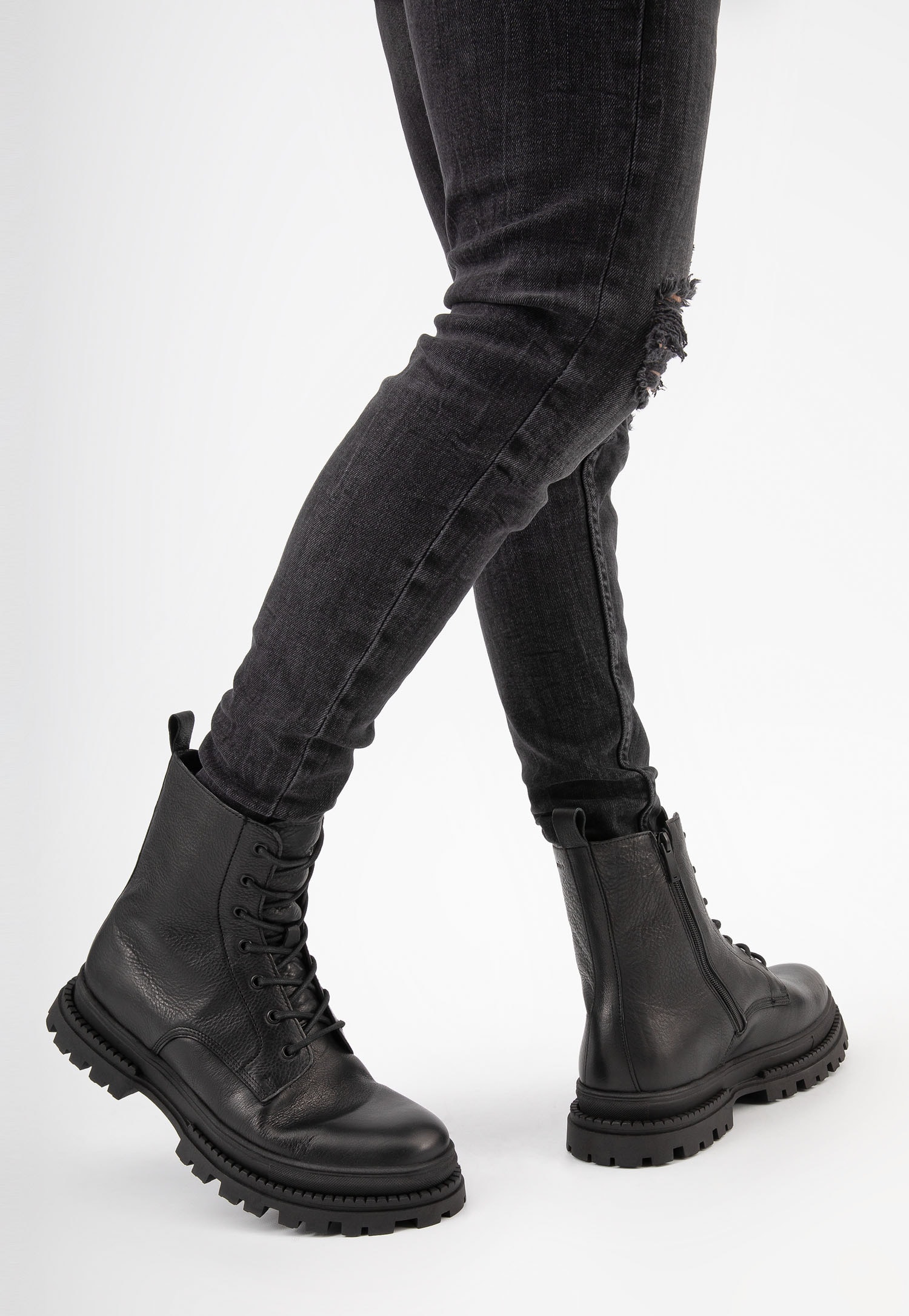 Brązowe męskie trzewiki bikery ze skóry licowej