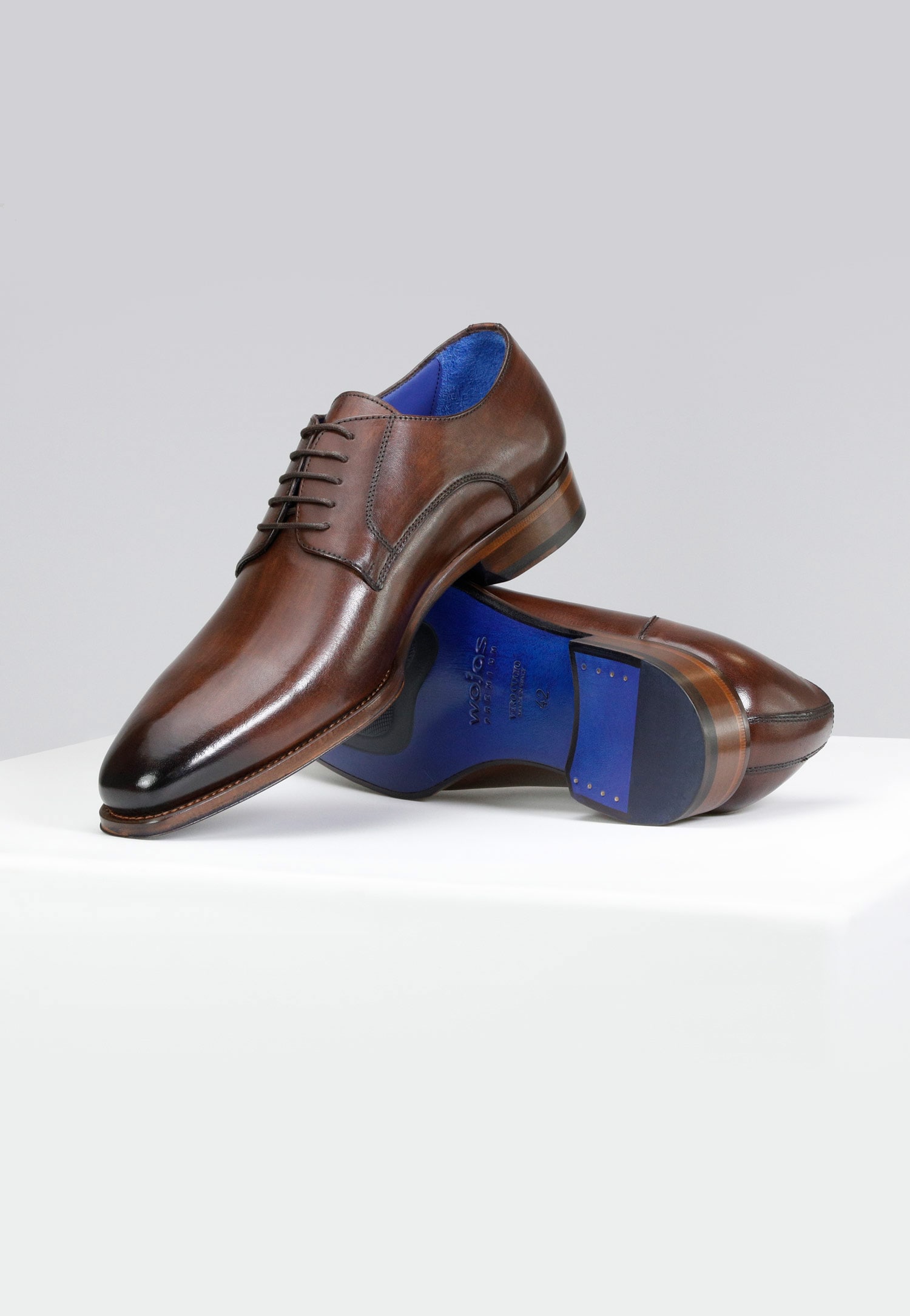 PREMIUM brązowe wizytowe półbuty męskie z niebieskim wnętrzem