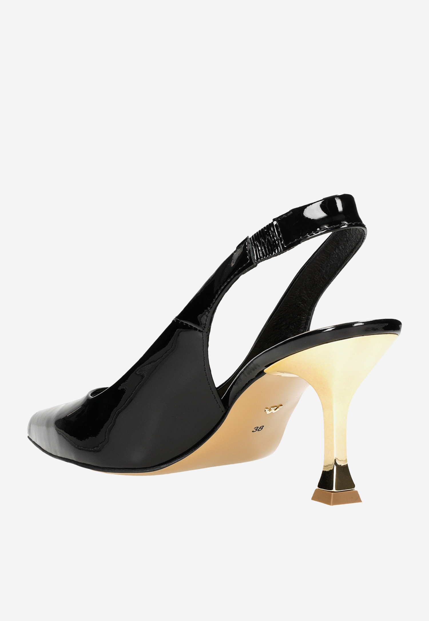 Czarne lakierowane czółenka damskie ze złotym fantazyjnym obcasem