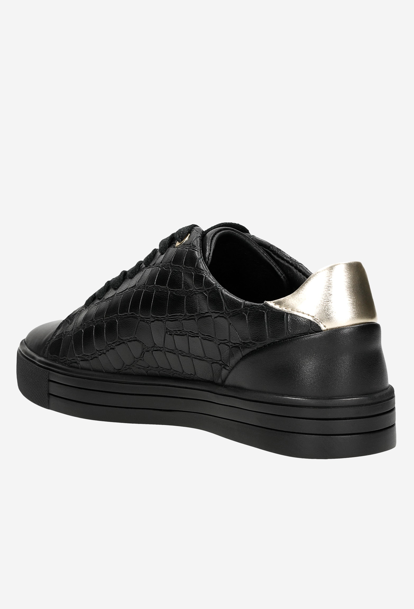 Czarne trampki damskie z tłoczeniem wzoru krokodyla