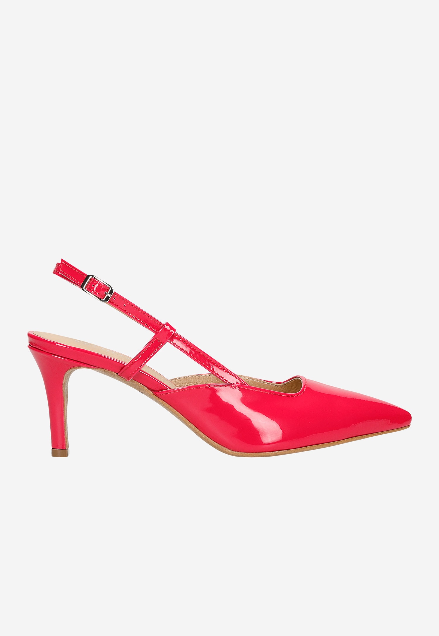 Różowe czółenka damskie z odkrytą piętą z lakierowanej skóry