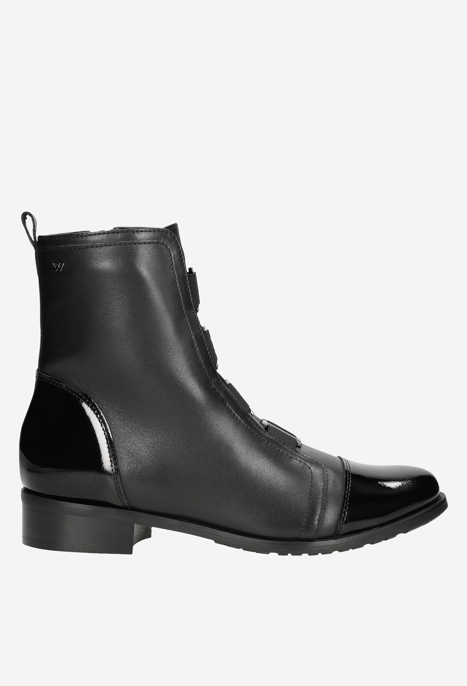 Czarne zimowe botki damskie ze skóry licowej oraz lakierowanej