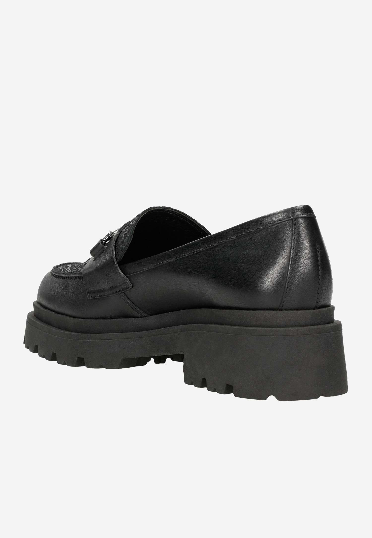 Czarne damskie mokasyny horsebit z ozdobnym motywem w cętki