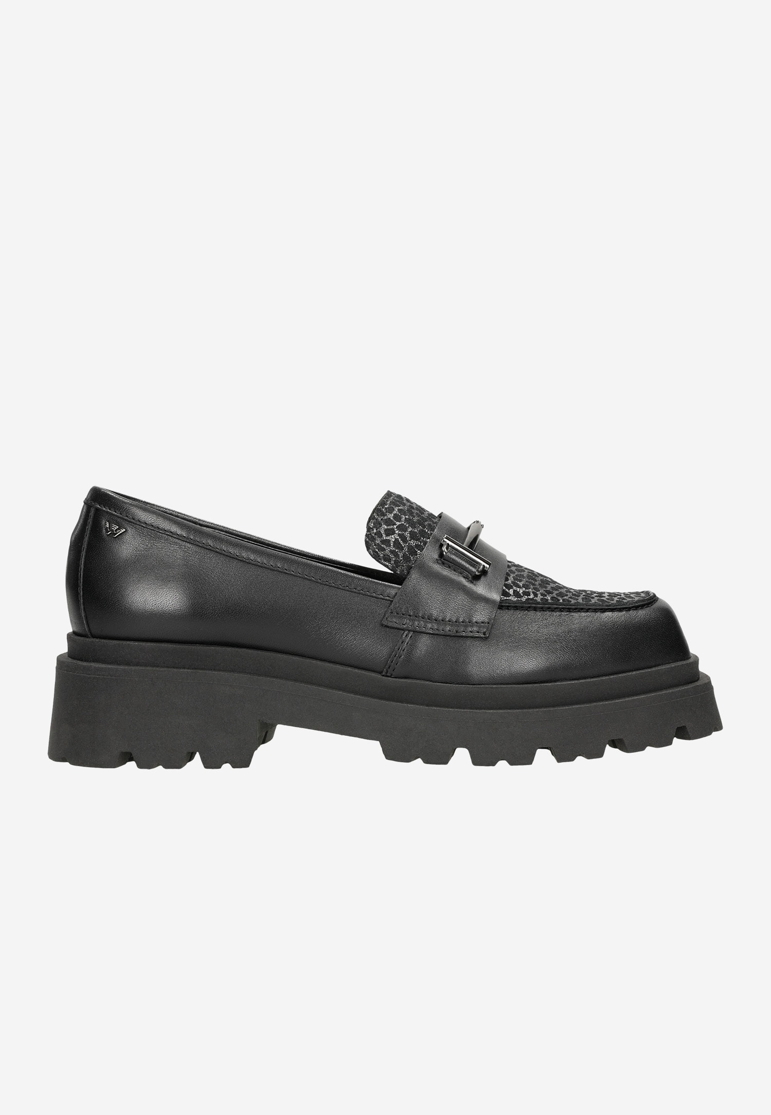 Czarne damskie mokasyny horsebit z ozdobnym motywem w cętki