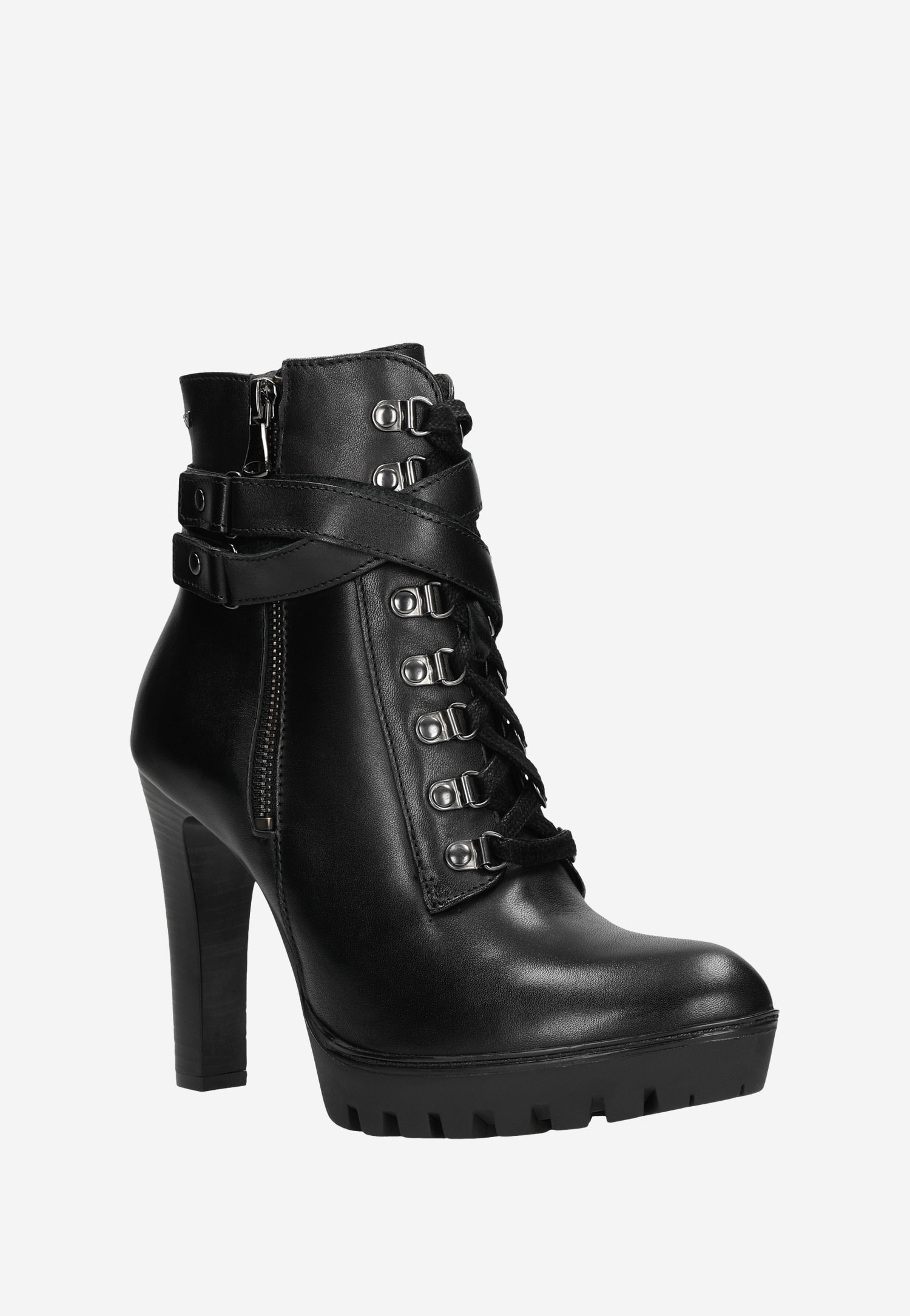 Czarne sznurowane trzewiki damskie na wysokim obcasie