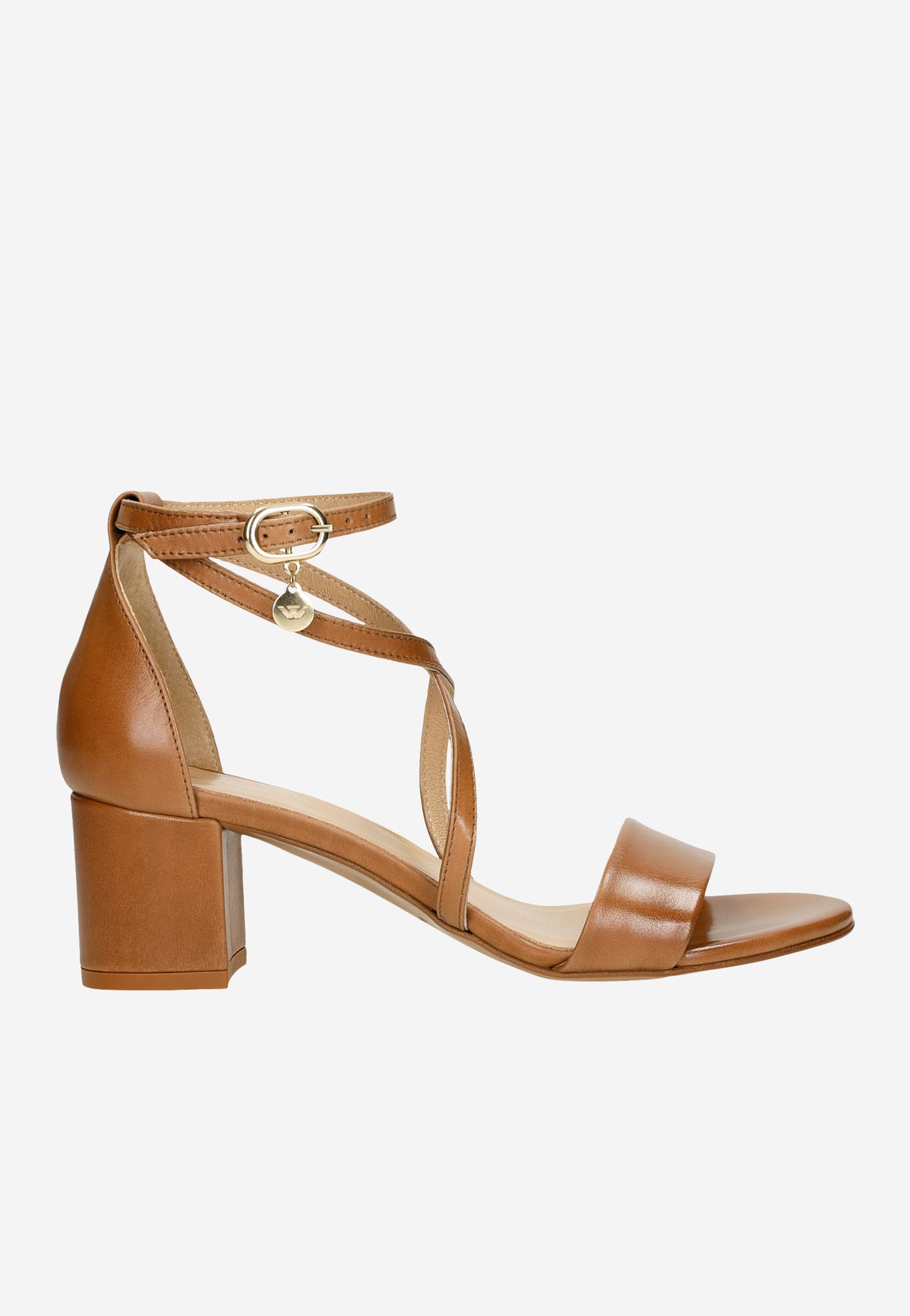 Skórzane sandały damskie na klocku w kolorze jasnego brązu