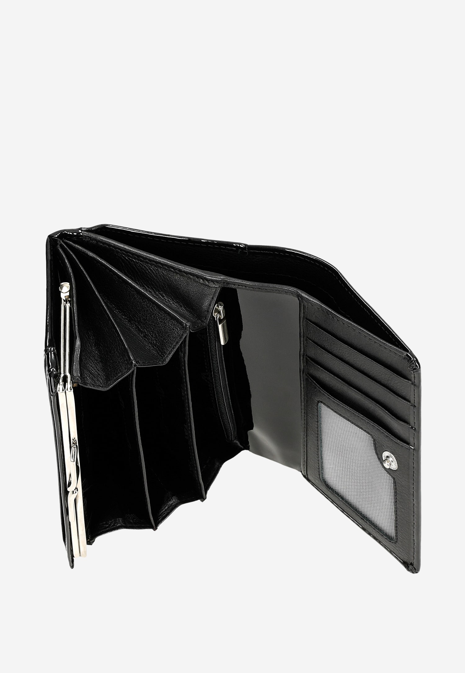 Czarny lakierowany portfel damski w średnim rozmiarze