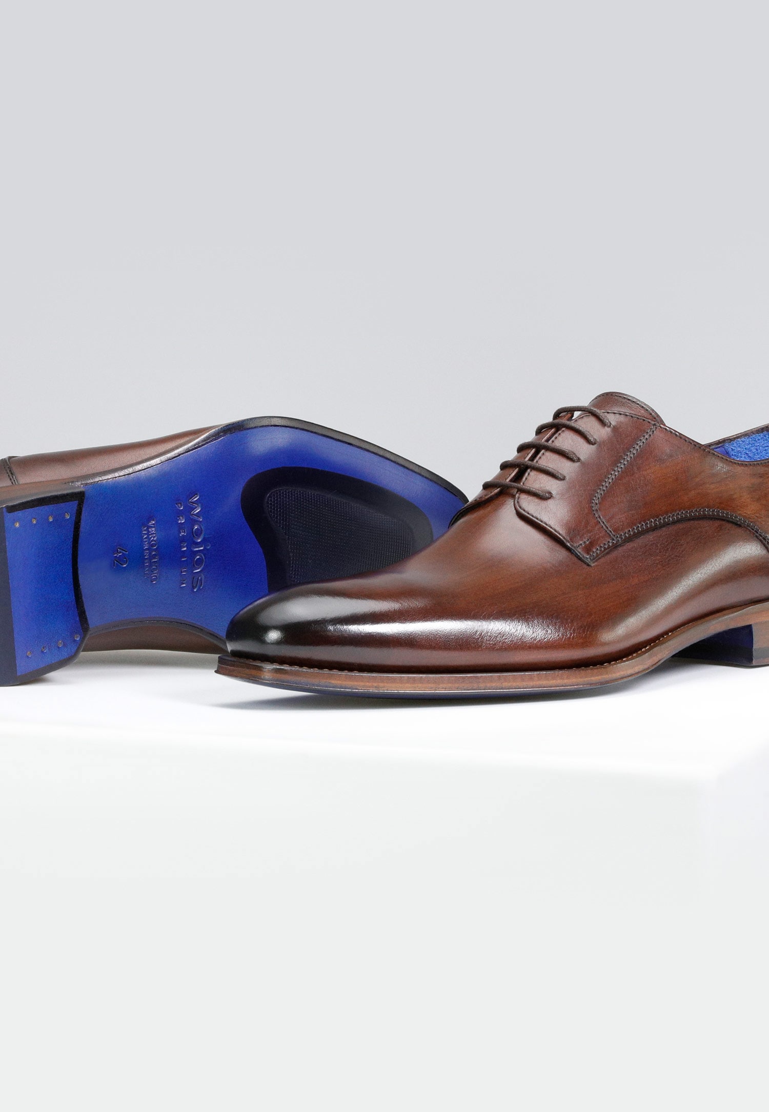 PREMIUM brązowe wizytowe półbuty męskie z niebieskim wnętrzem