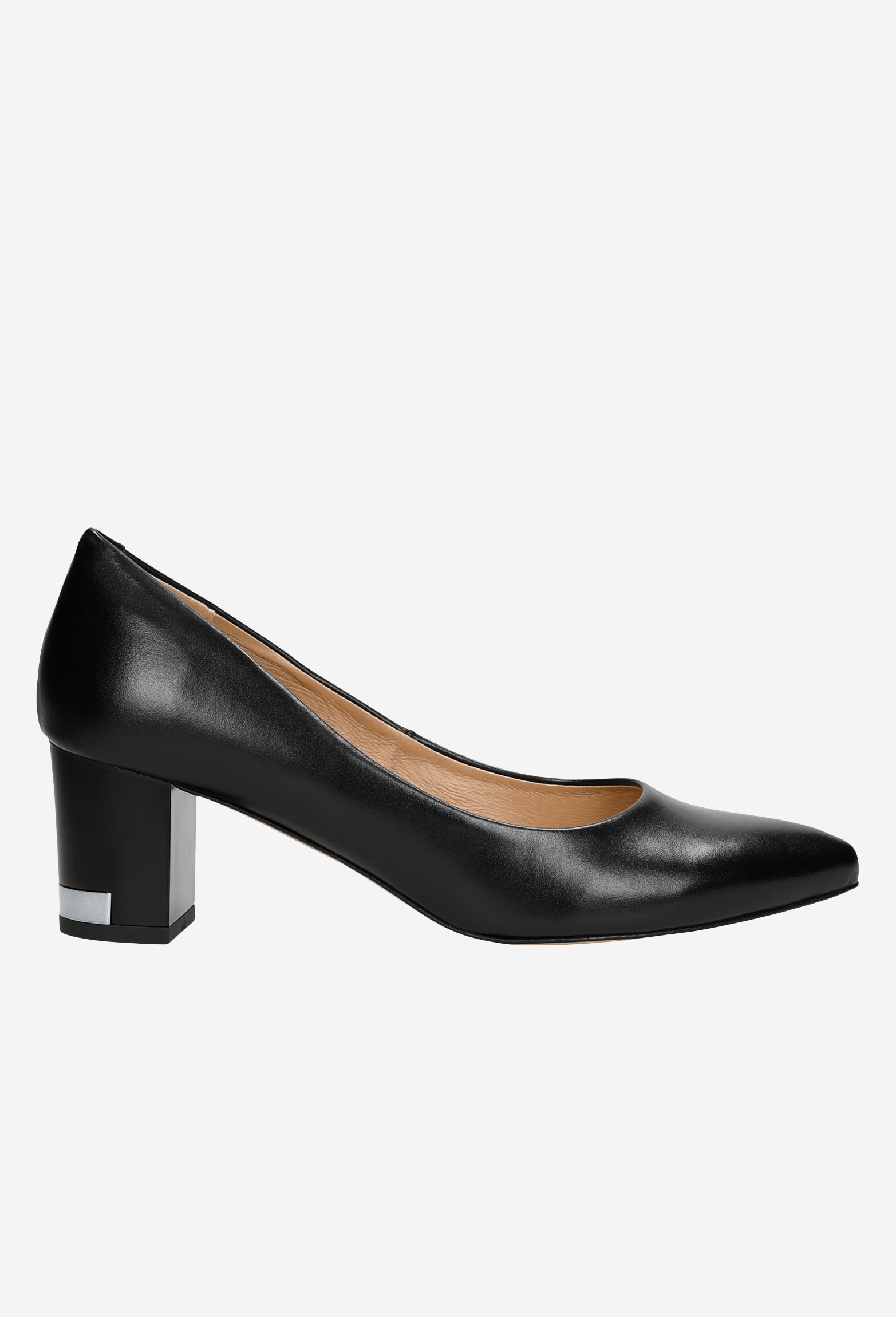 Czarne czółenka damskie z ozdobną blaszką na obcasie