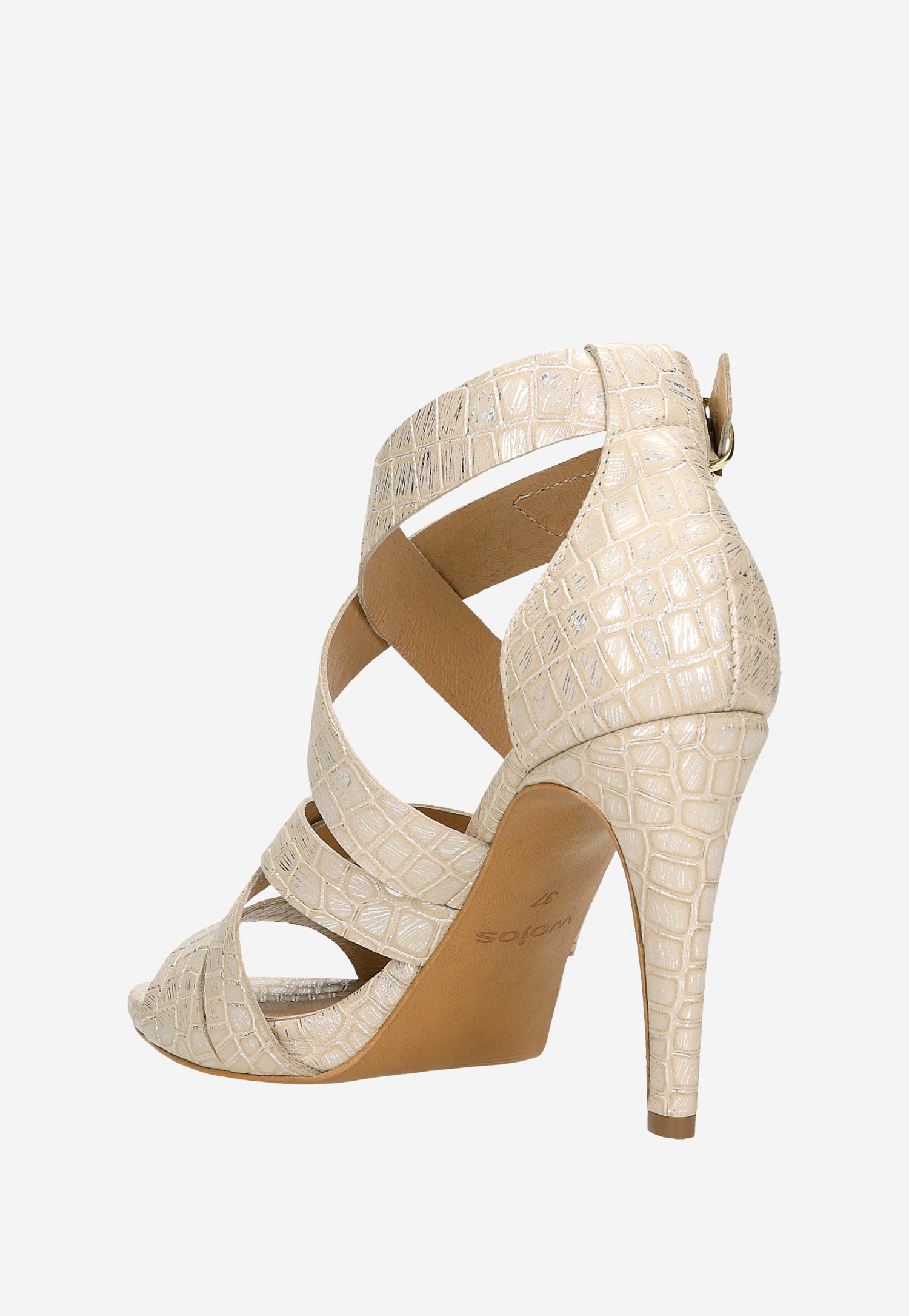 Oryginalne beżowe sandały na szpilce ze srebrnymi przetarciami