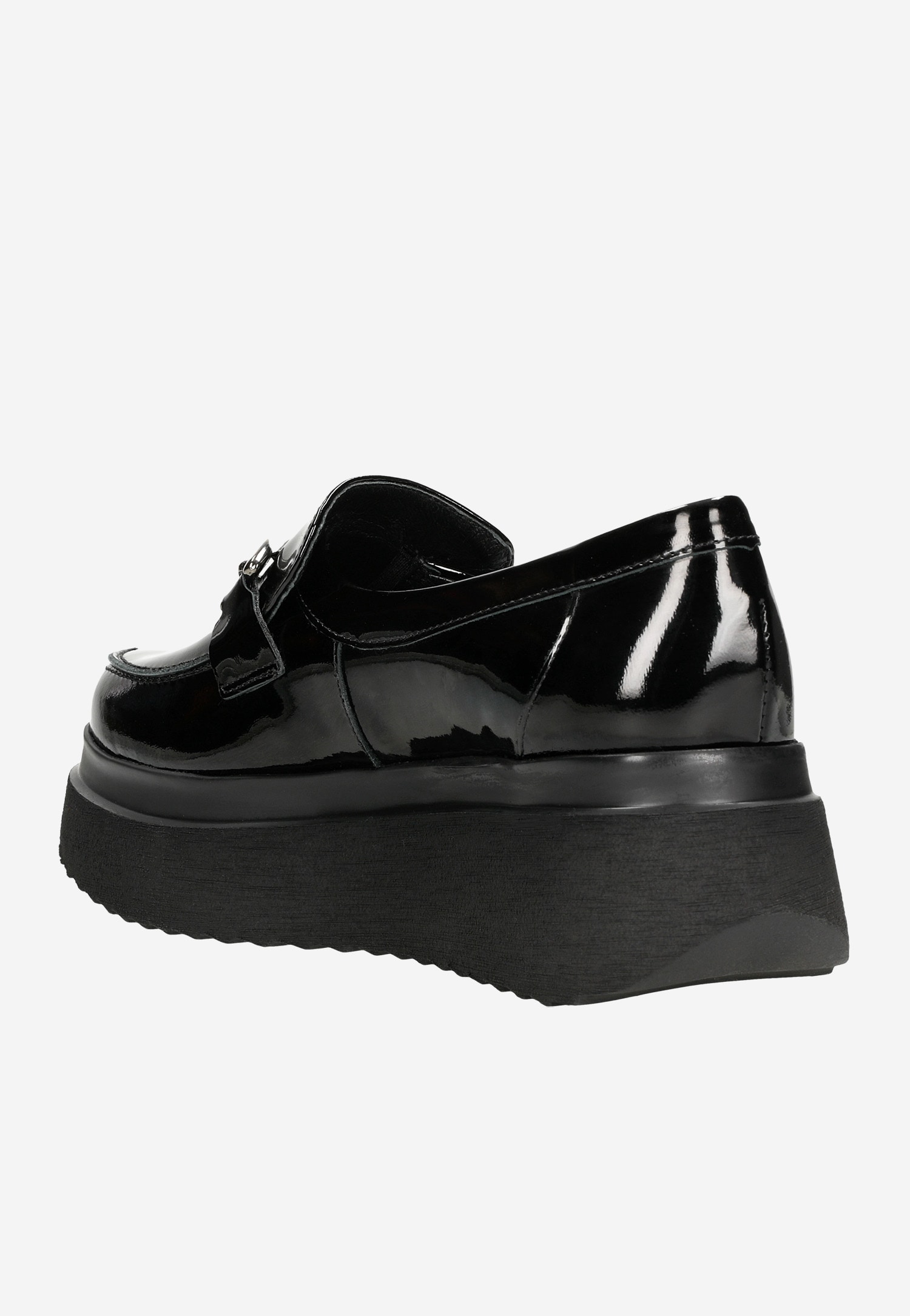 Czarne lakierowane mokasyny damskie na wysokiej platformie