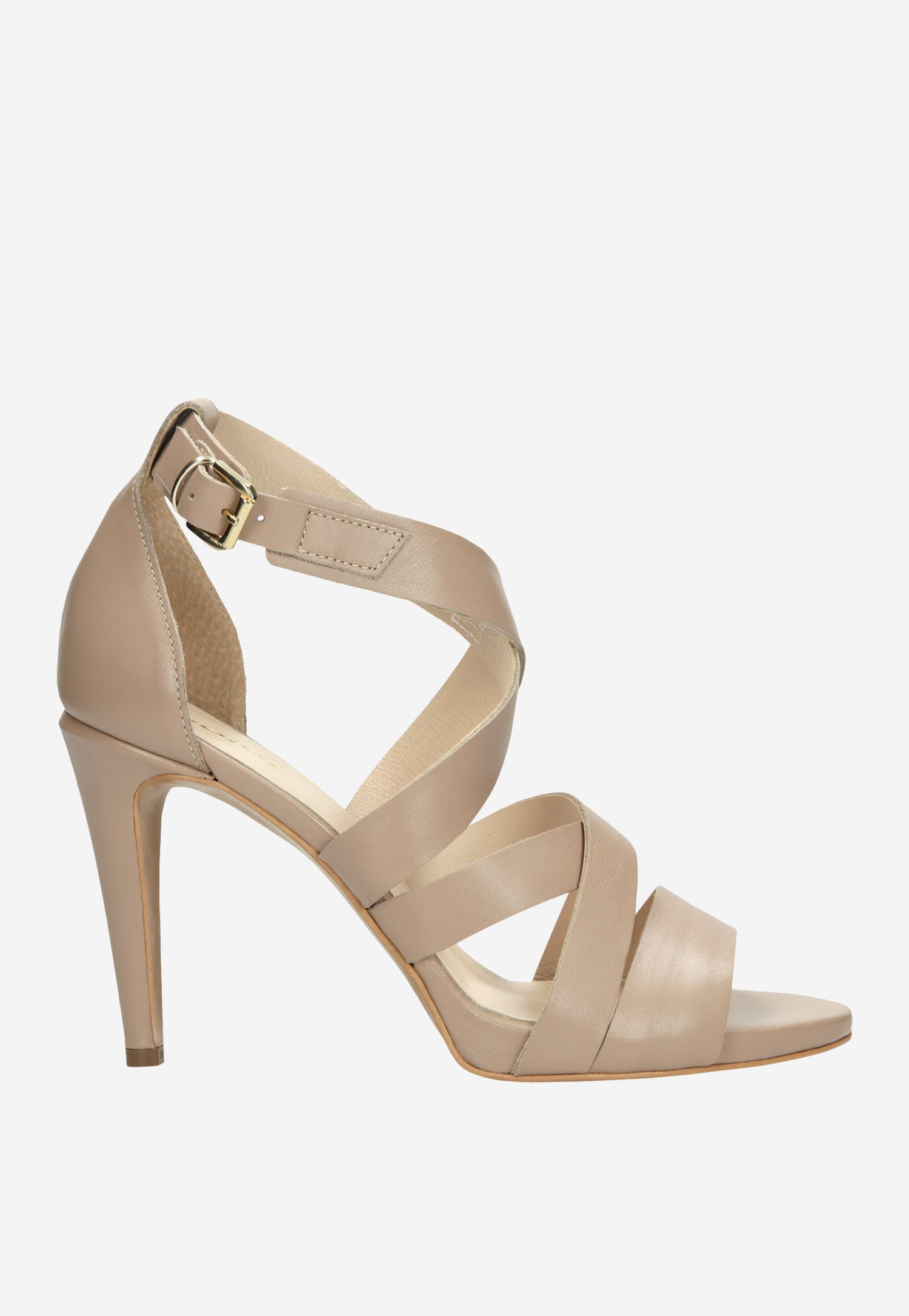 Oryginalne beżowe sandały na szpilce ze srebrnymi przetarciami