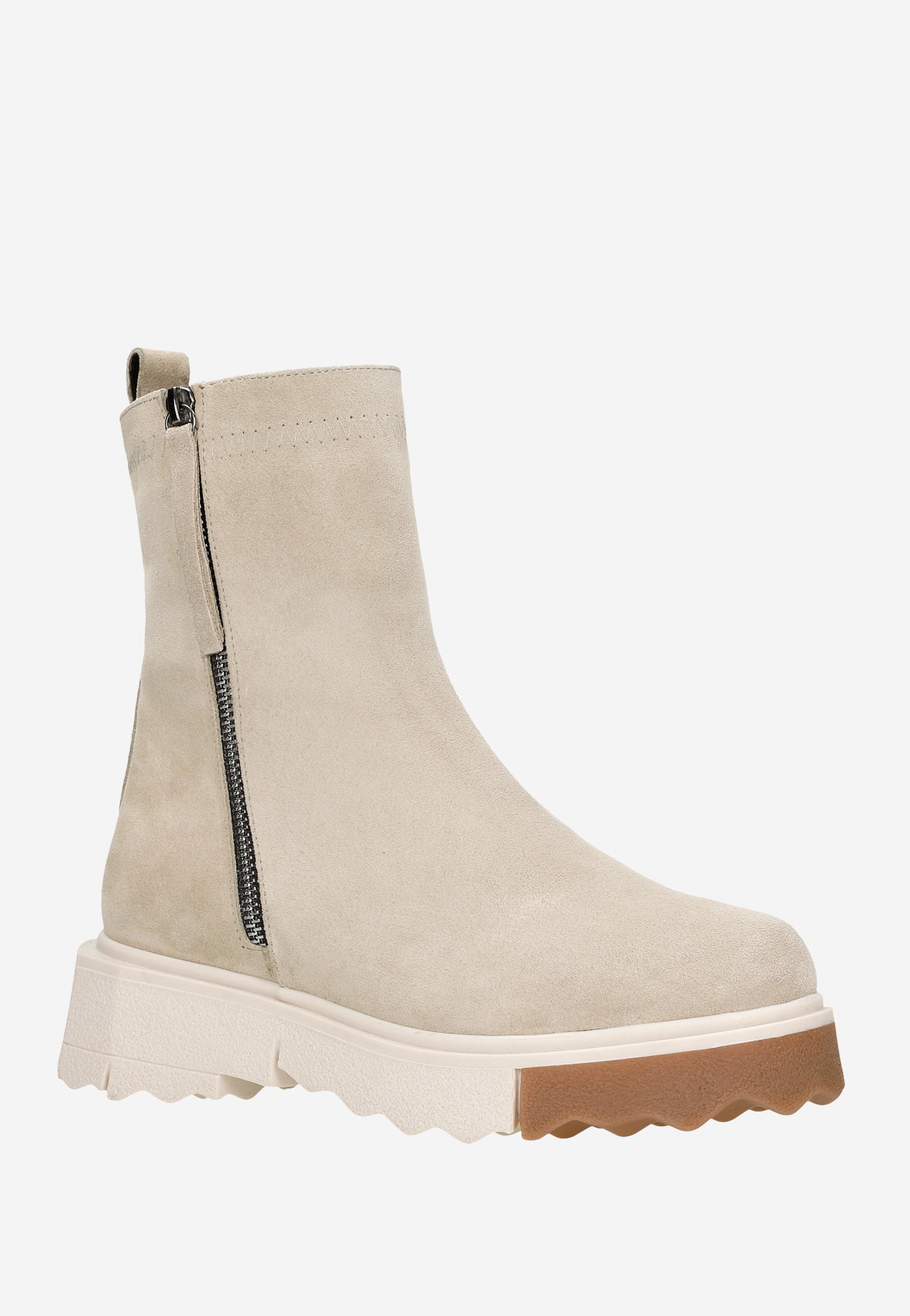Beżowe botki damskie na podeszwie z kontrastową wstawką