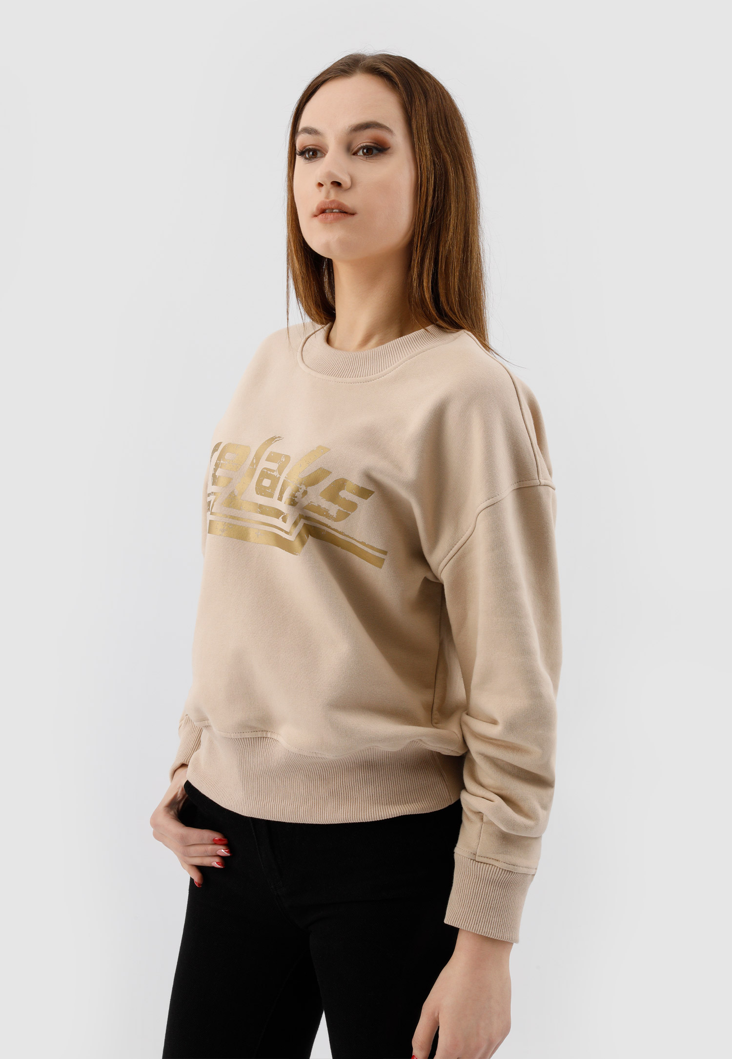 Beżowa bluza damska RELAKS z marszczeniami na rękawach