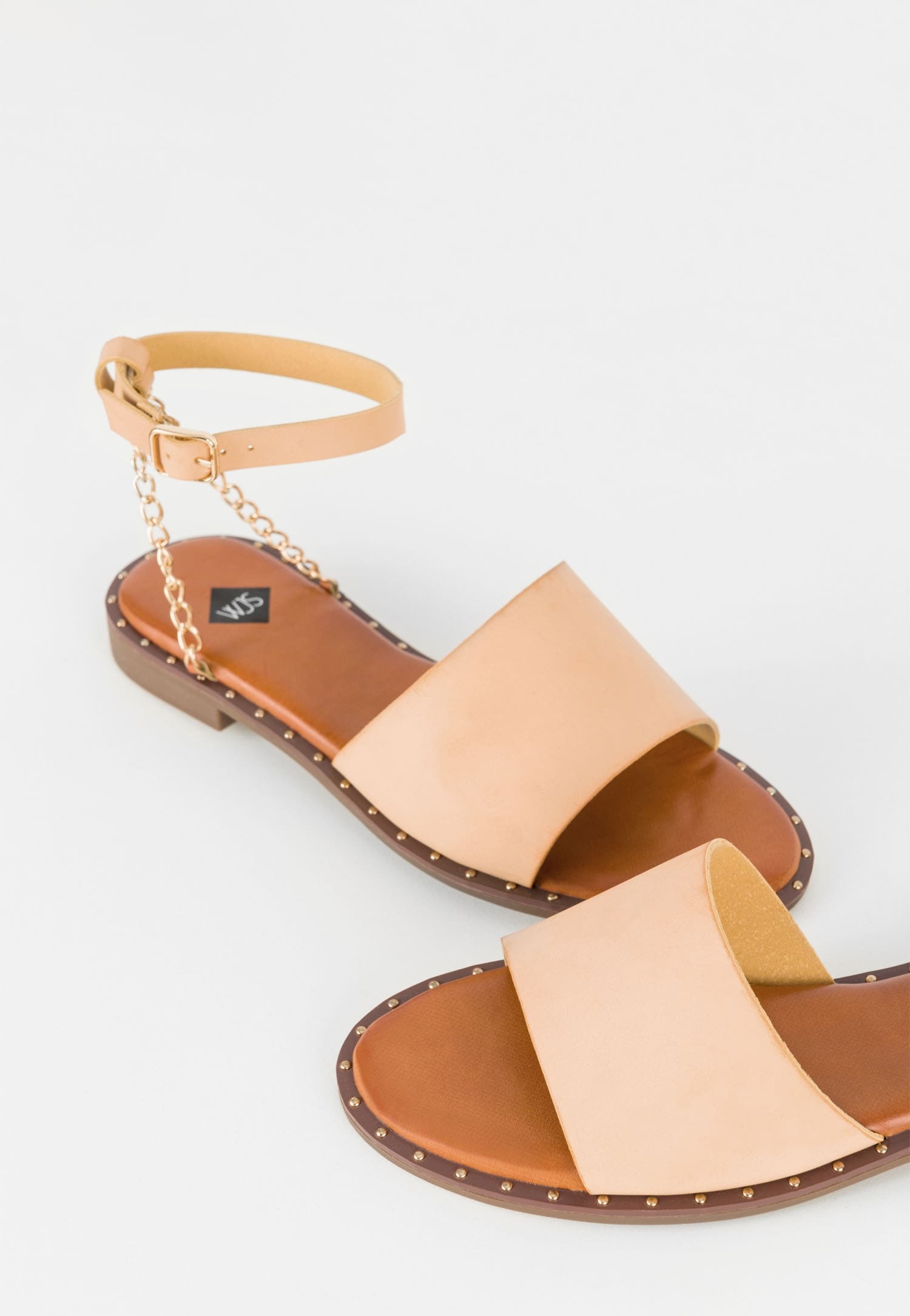 WJS beżowe sandały damskie ze złotym łańcuszkiem