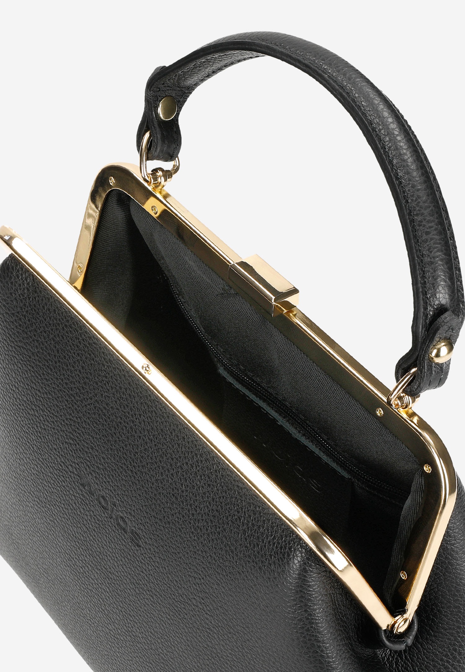 Beżowa torebka damska typu frame bag ze złotymi metalowymi elementami