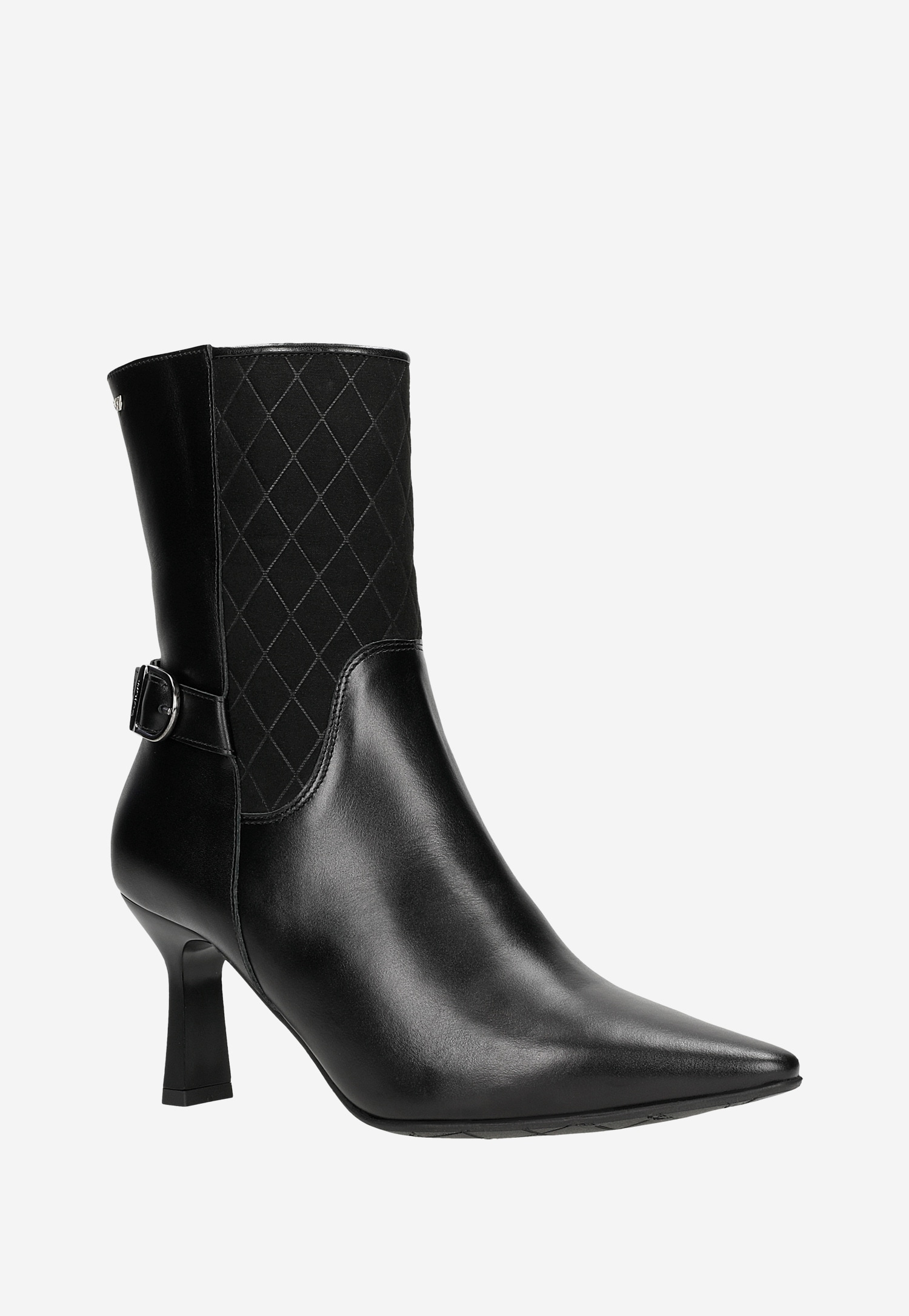 Czarne botki z noskiem w szpic i obcasem w kształcie klepsydry
