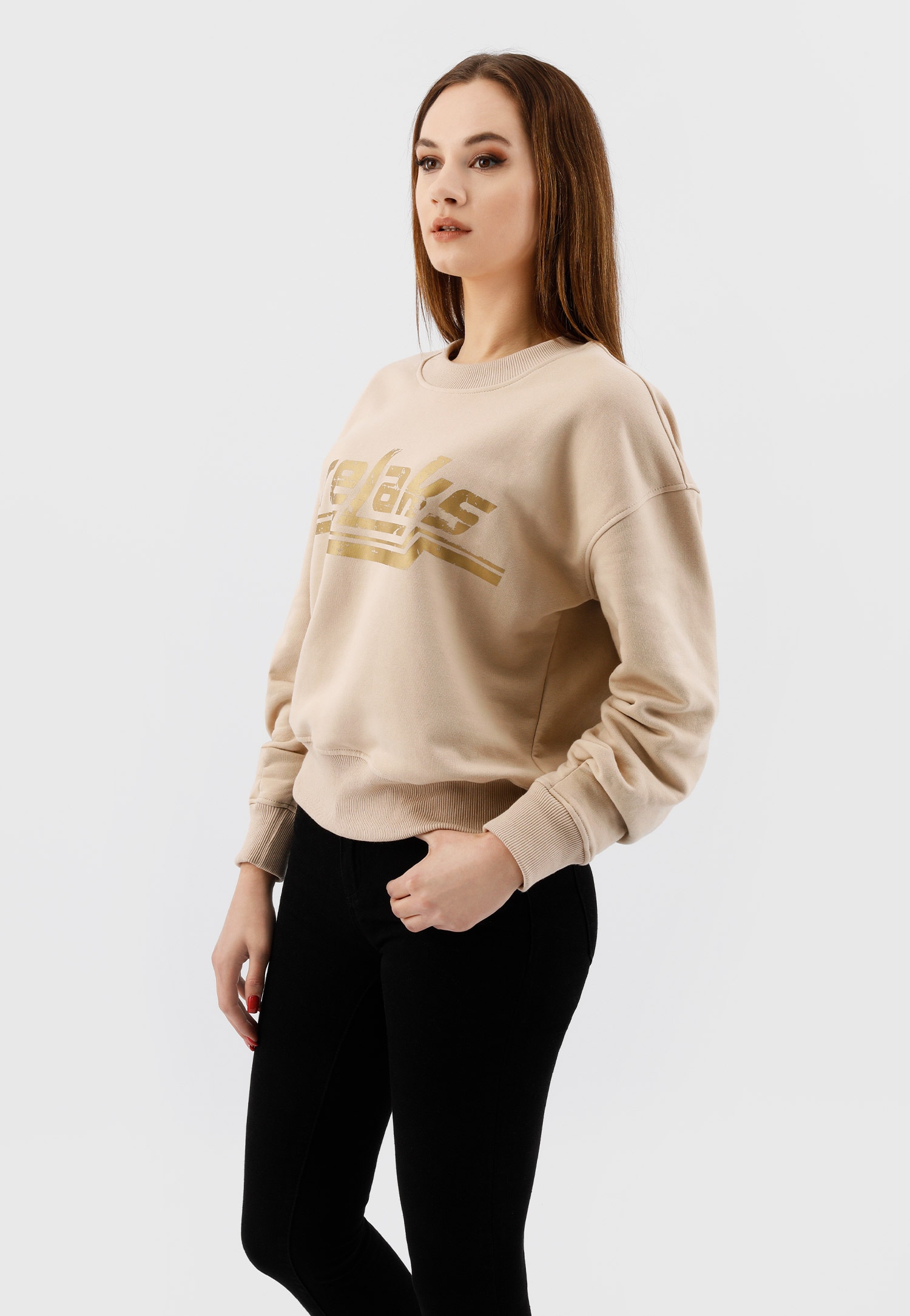 Beżowa bluza damska RELAKS z marszczeniami na rękawach