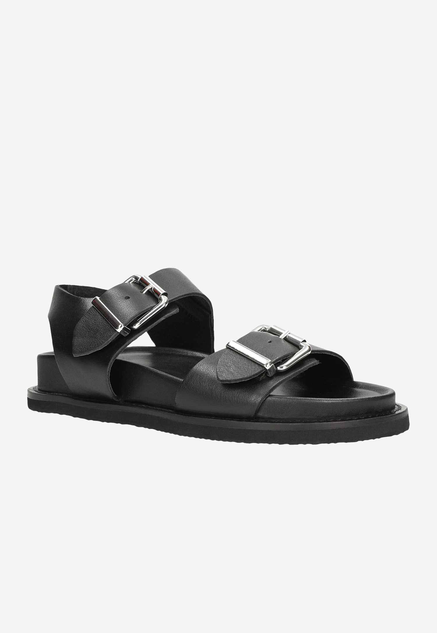 Czarne skórzane sandały damskie ze srebrnymi klamrami