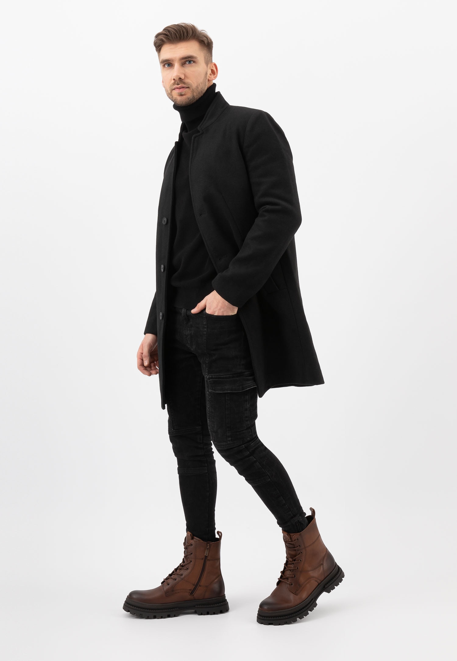 Brązowe męskie trzewiki bikery ze skóry licowej