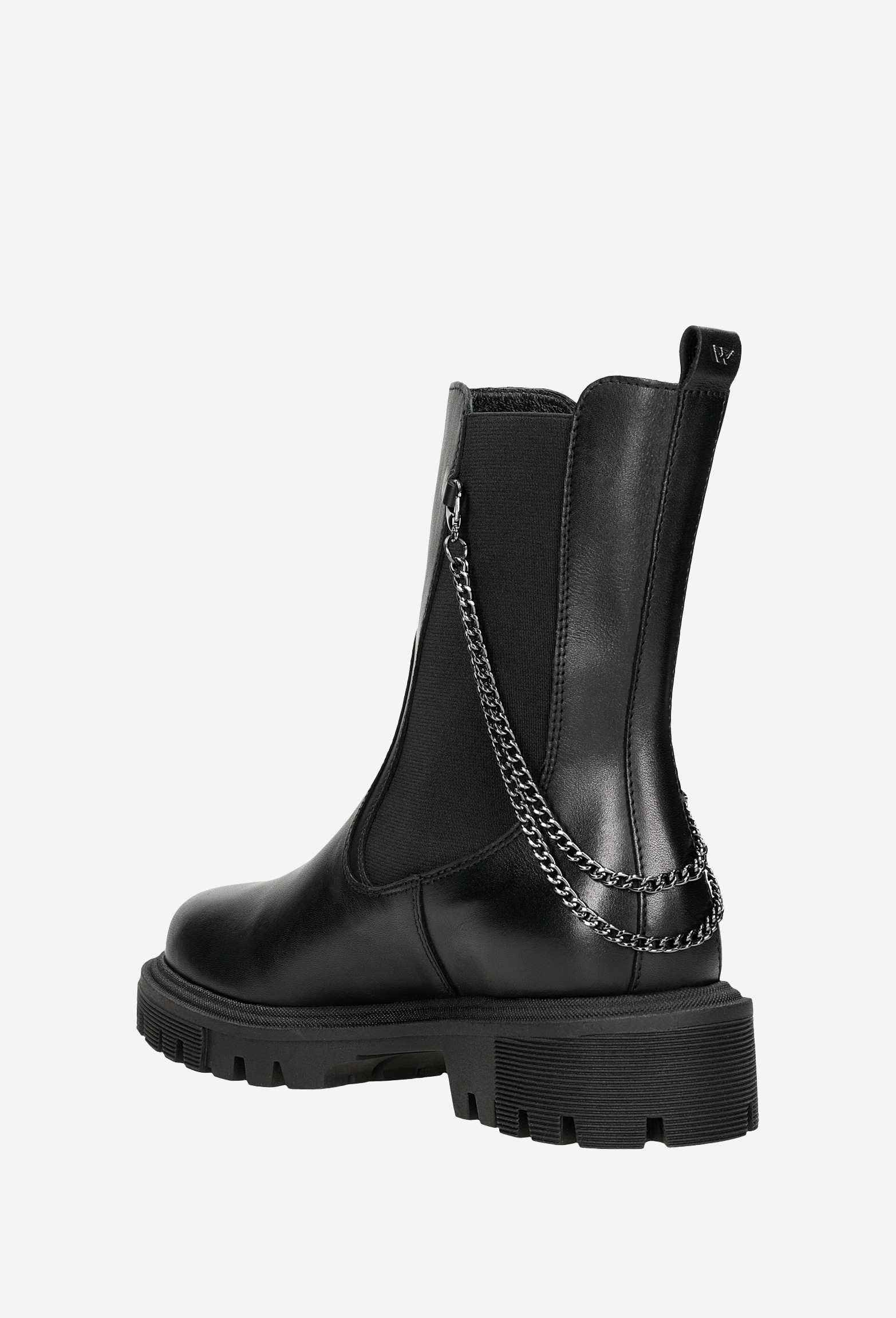 Czarne botki damskie typu sztyblety z łańcuszkiem