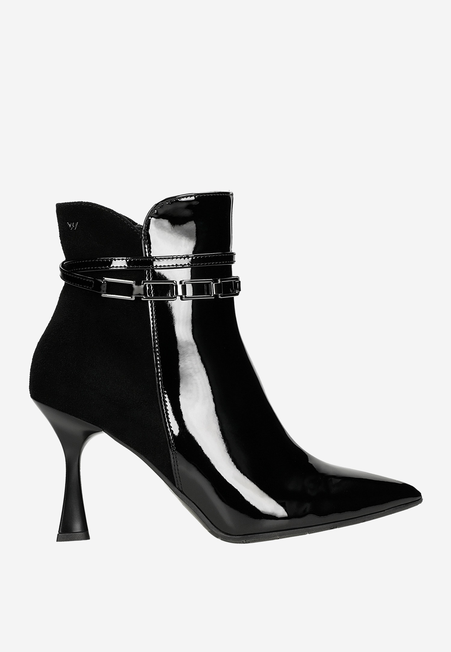 Czarne eleganckie botki damskie z łańcuchem wokół kostki