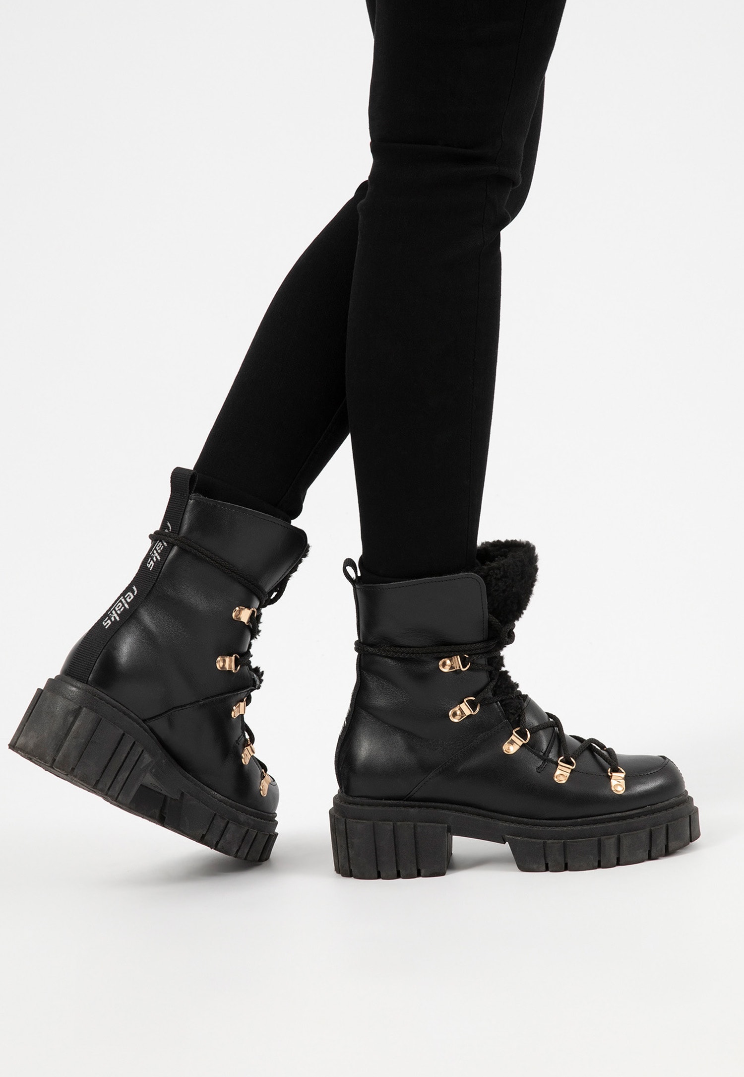 RELAKS beżowe trzewiki damskie z białym kożuszkiem i podeszwą trepową