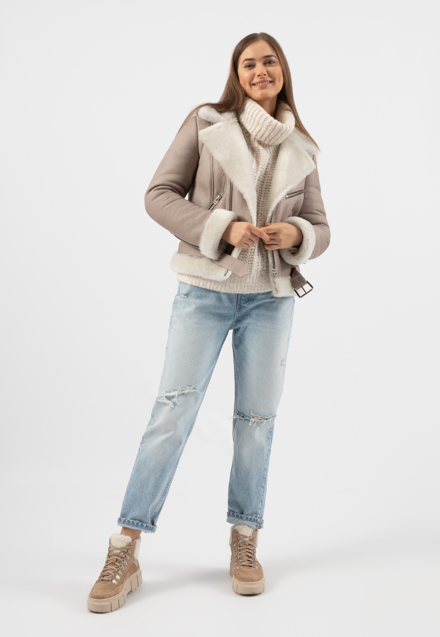 RELAKS beżowa kurtka damska kożuch