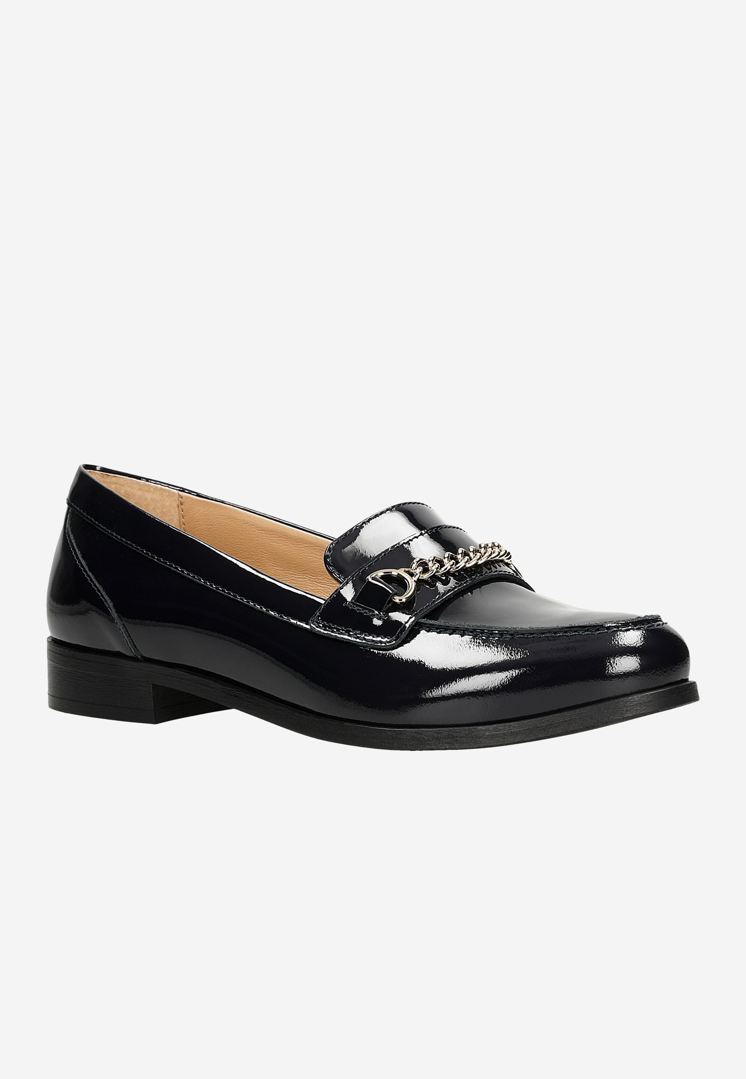 Granatowe mokasyny damskie ze skóry lakierowanej