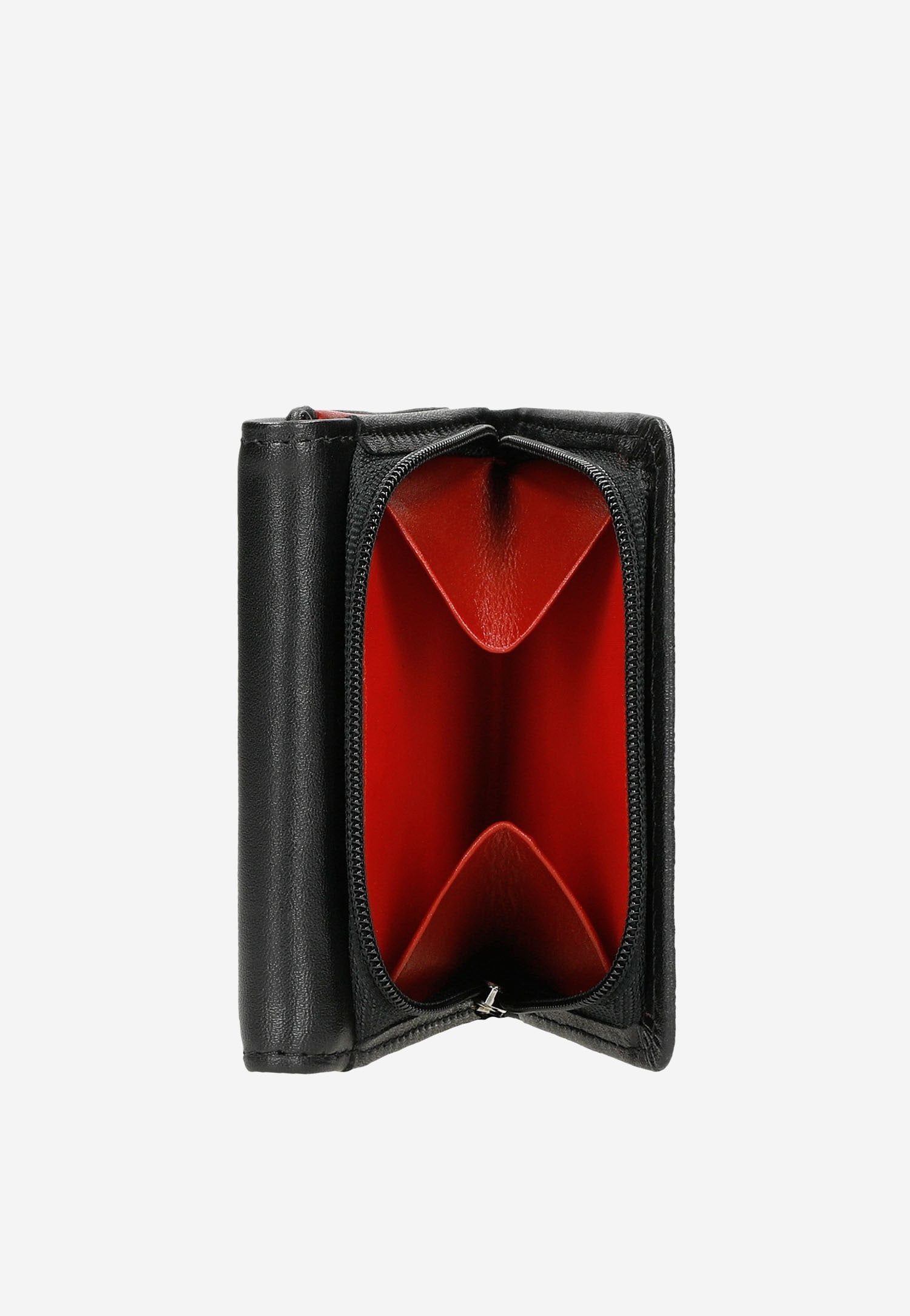 Czarny skórzany portfel damski z czerwonymi akcentami