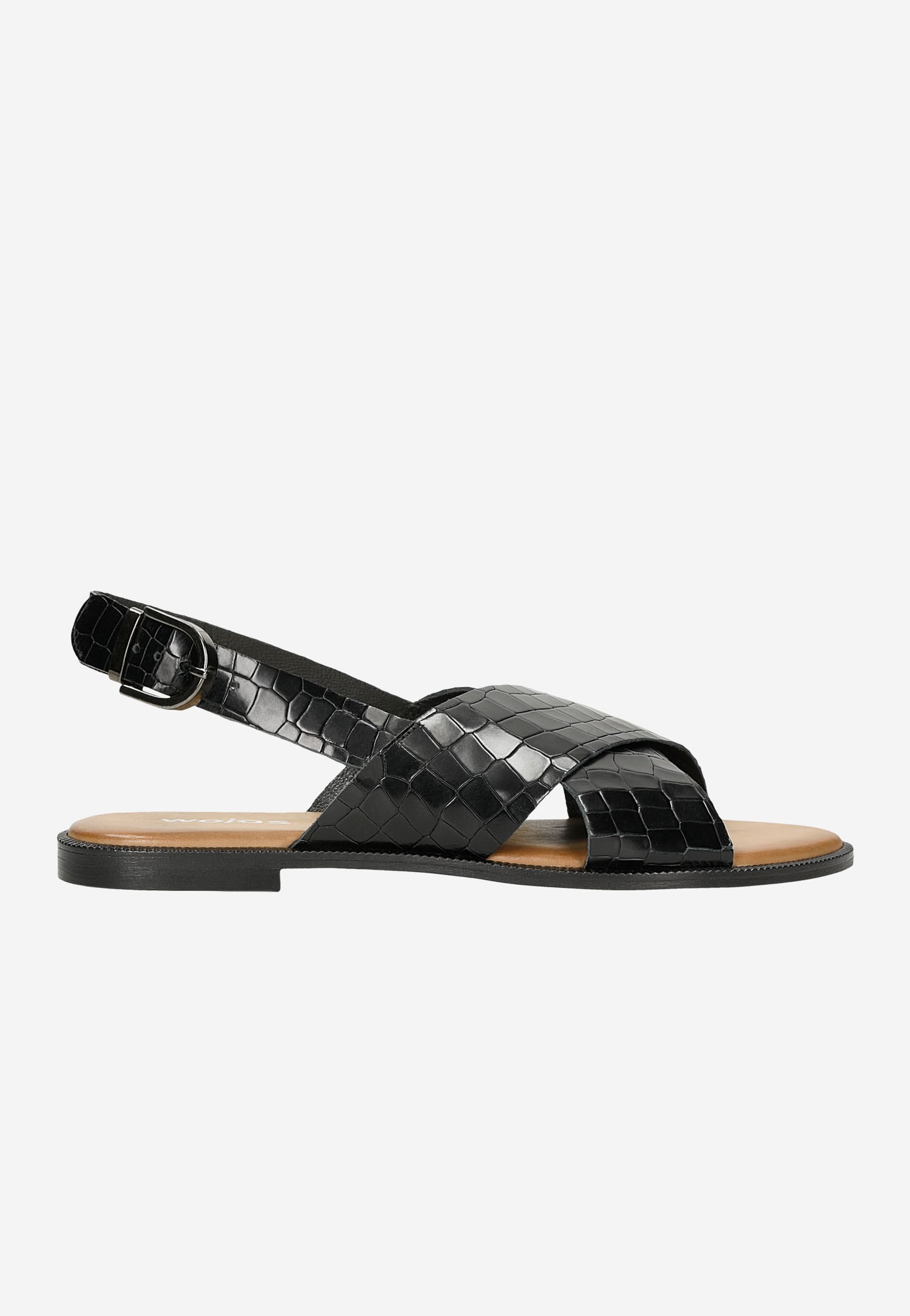 Czarne płaskie sandały damskie z ozdobnym tłoczeniem