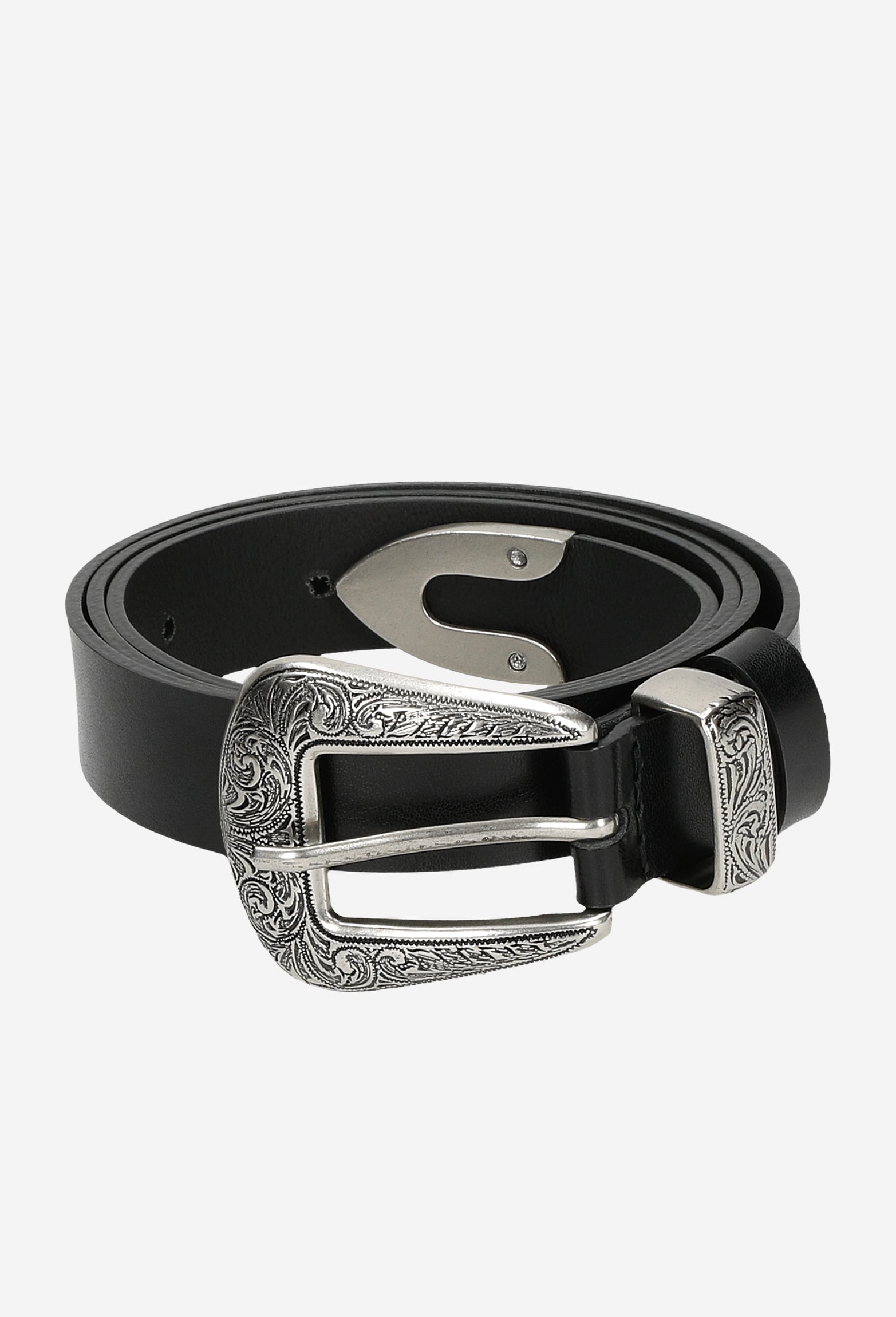 Brązowy pasek z ozdobnym tłoczeniem na klamrze