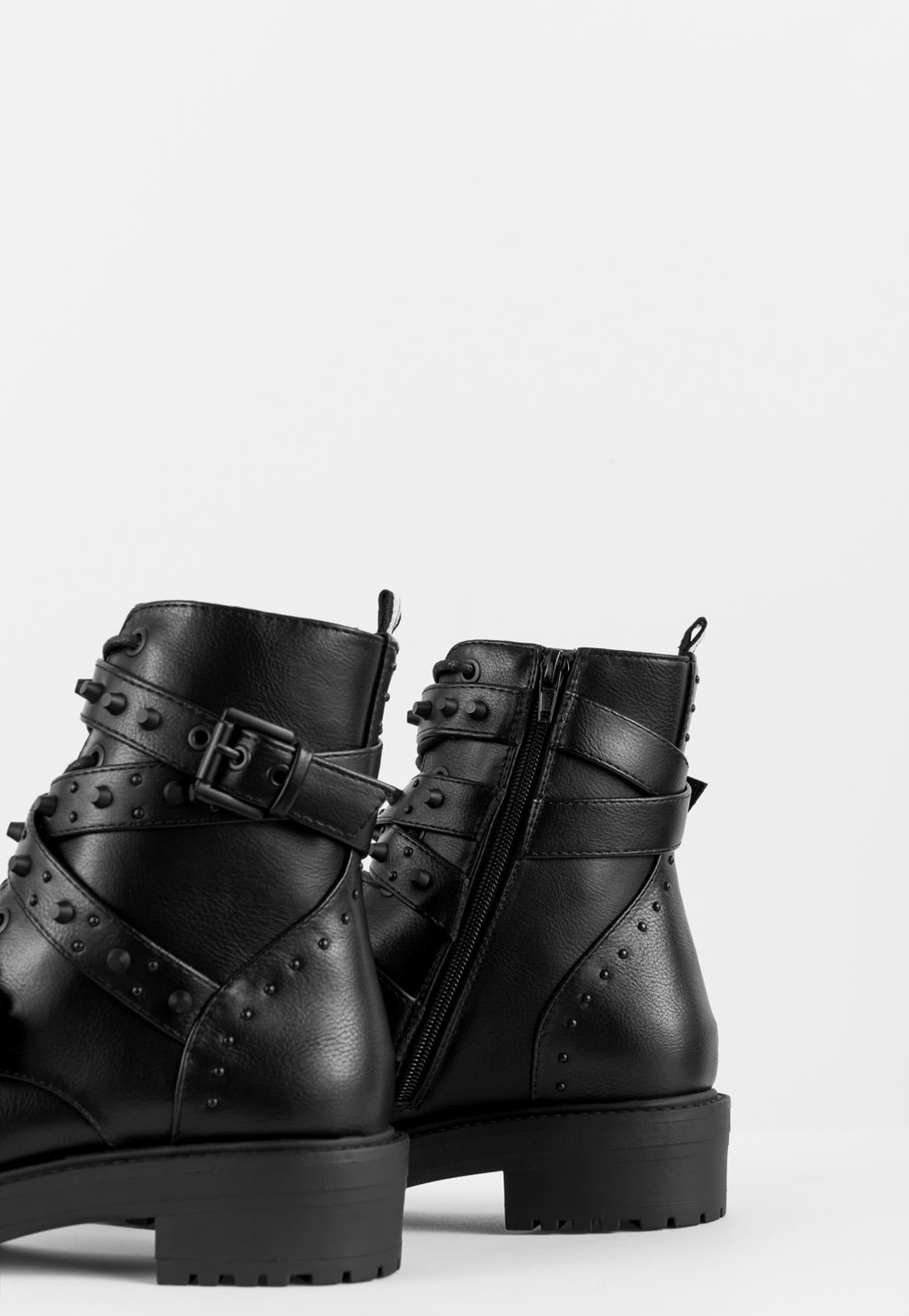 WJS czarne trzewiki damskie z ozdobnymi paskami