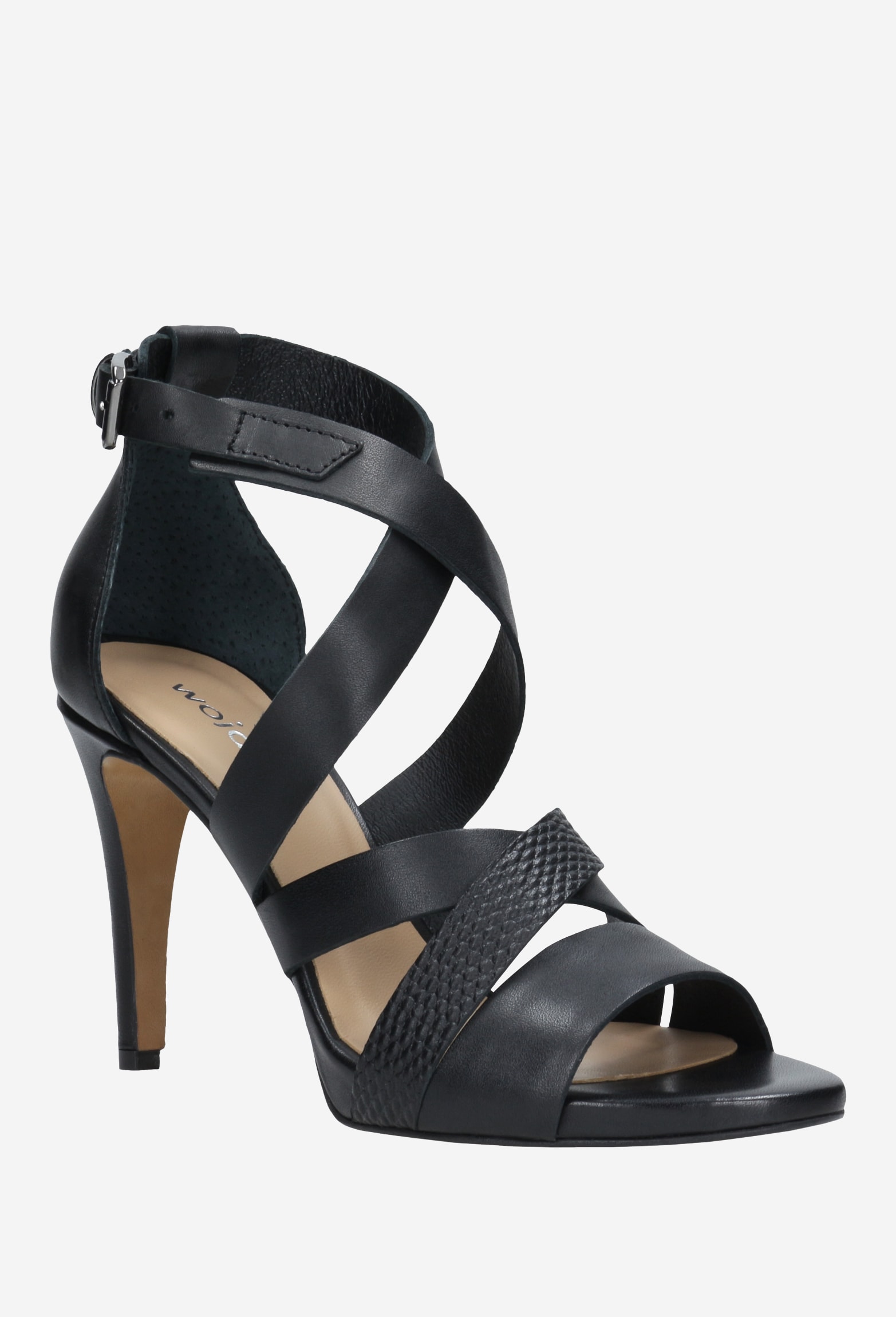 Oryginalne beżowe sandały na szpilce ze srebrnymi przetarciami