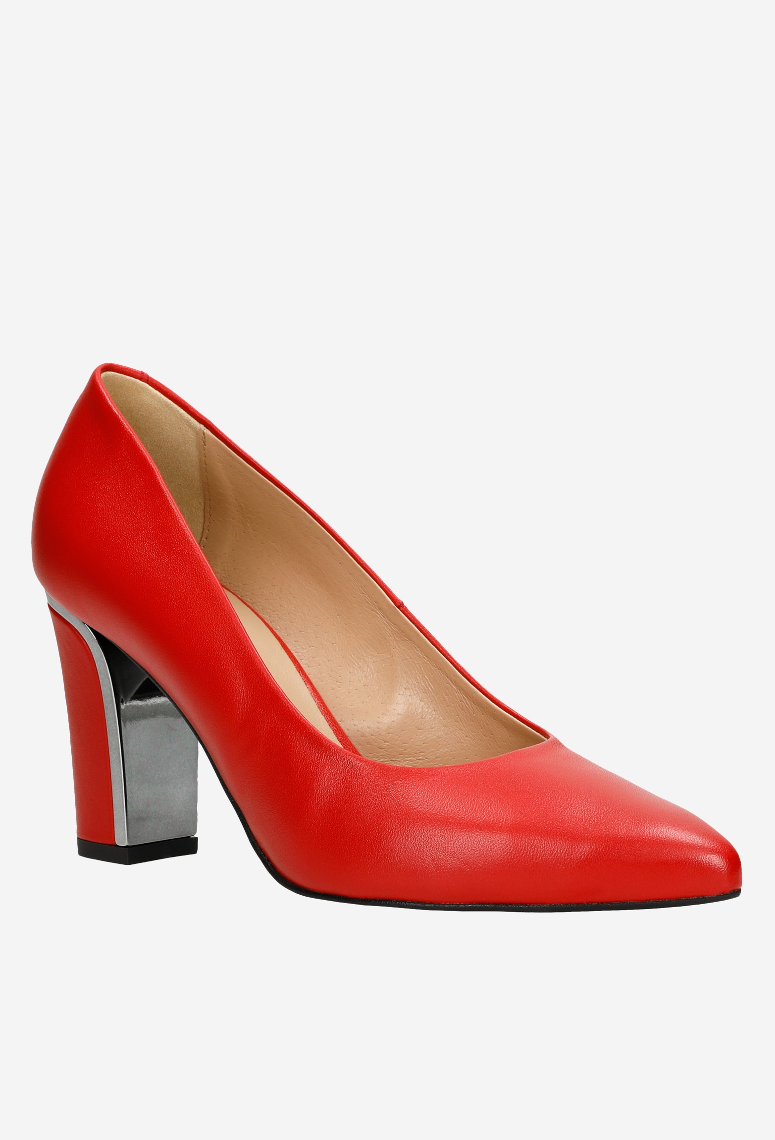 Czerwone czółenka damskie ze skóry licowej na ozdobnym obcasie