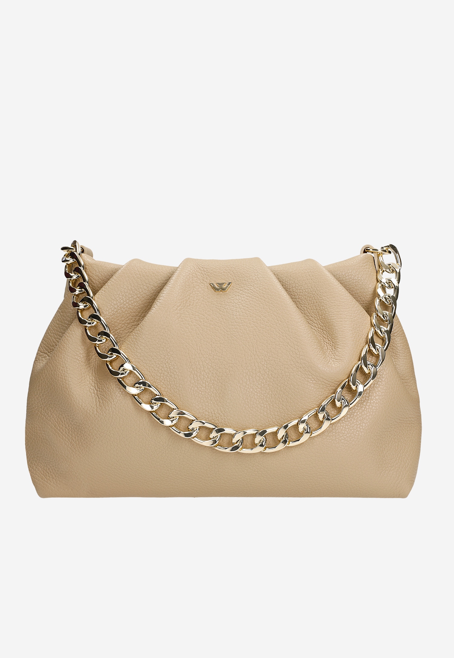 Bezowa skórzana torebka damska ze złotym łańcuchem