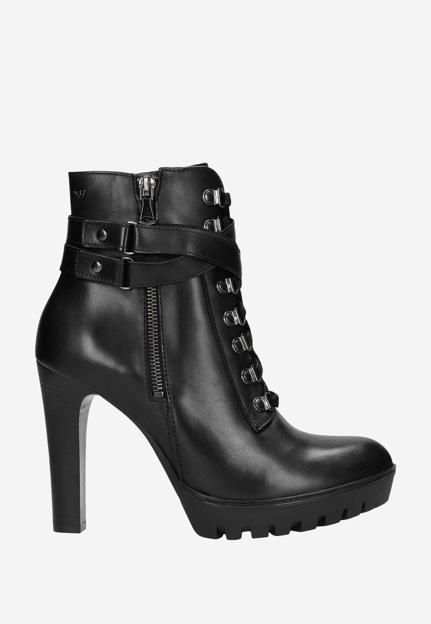 Czarne sznurowane trzewiki damskie na wysokim obcasie