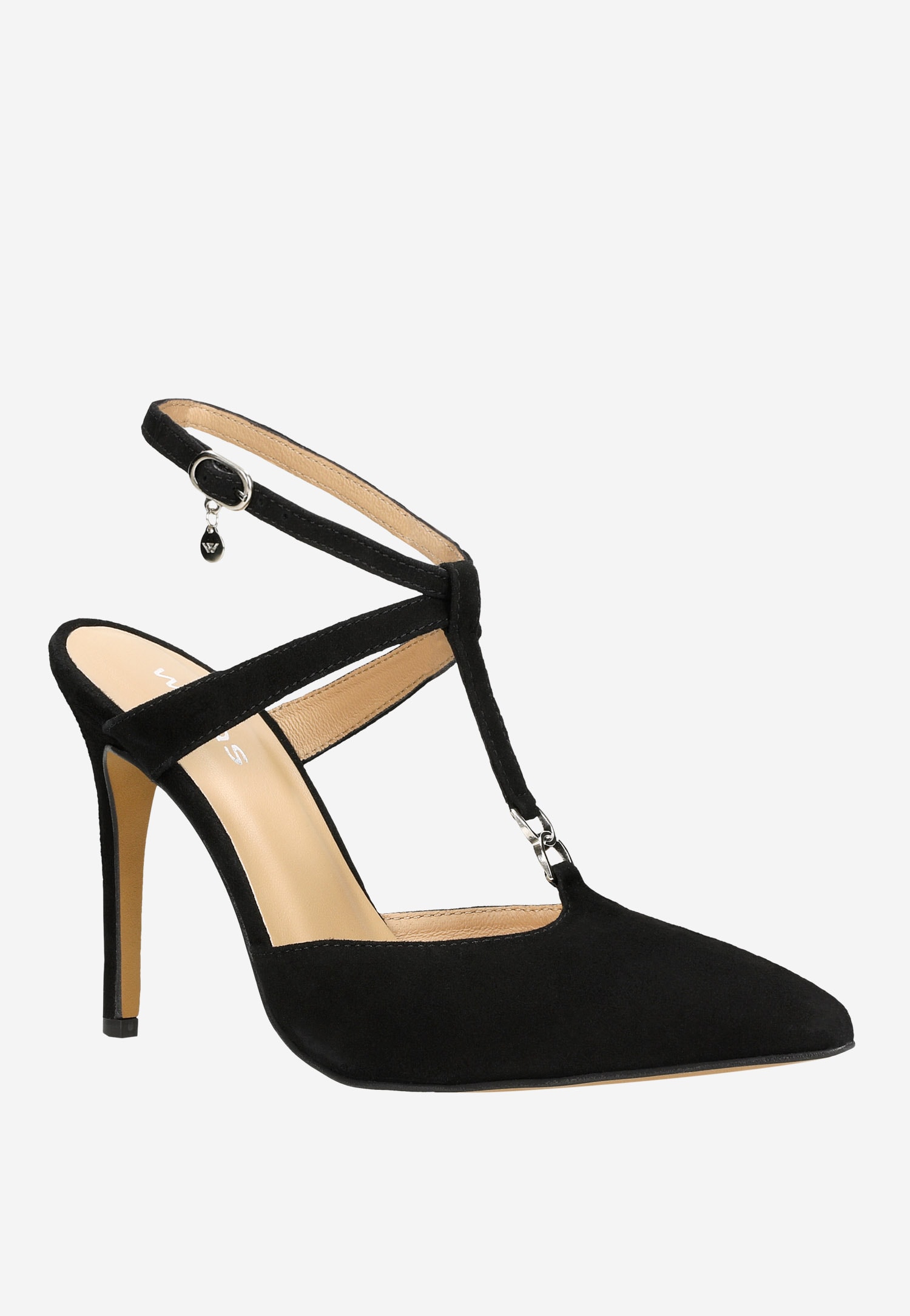 Awangardowe czarne szpilki damskie z weluru