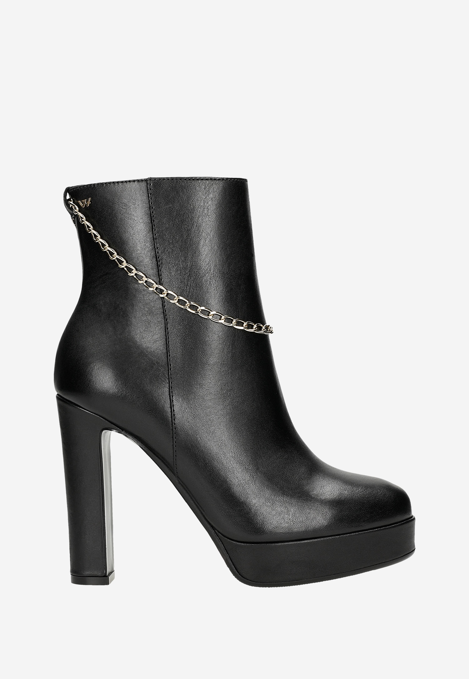 Czarne skórzane botki na wysokim słupku ze złotym łańcuchem